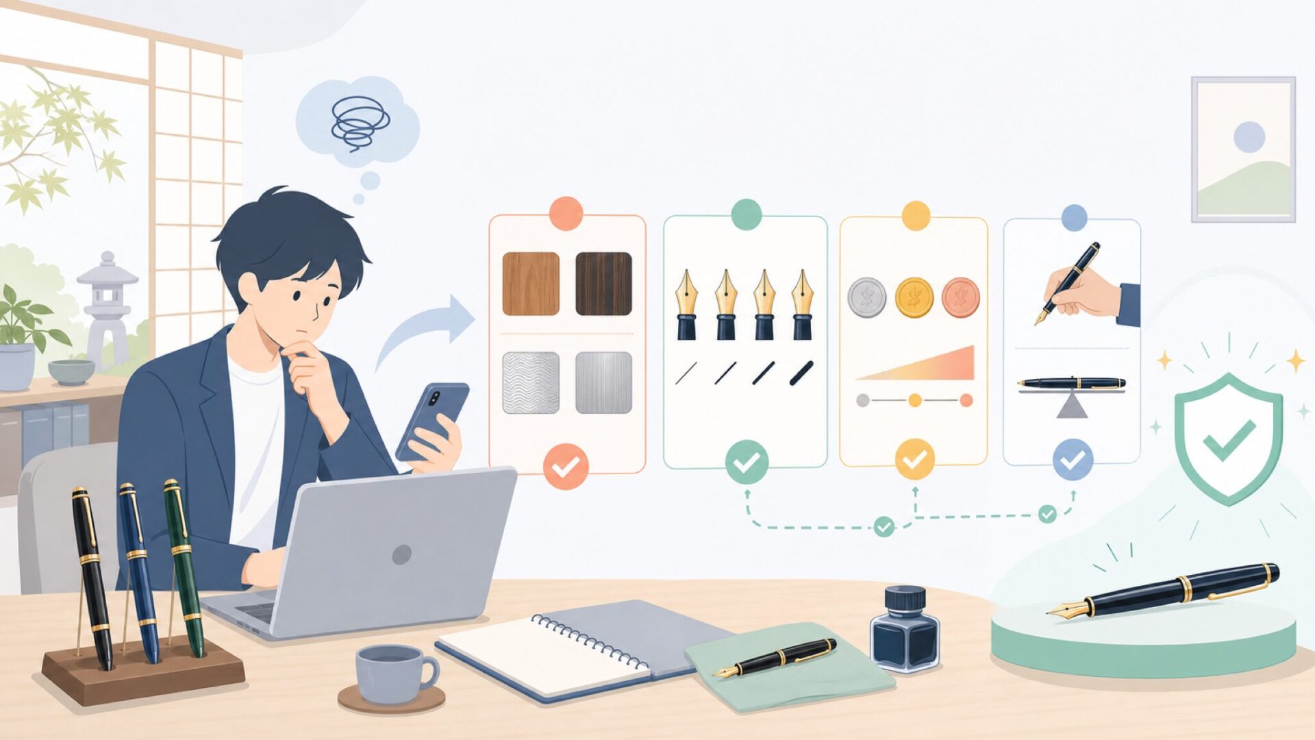 失敗しない選び方　素材・書き味・価格帯・扱いやすさで比較するを表すイラスト