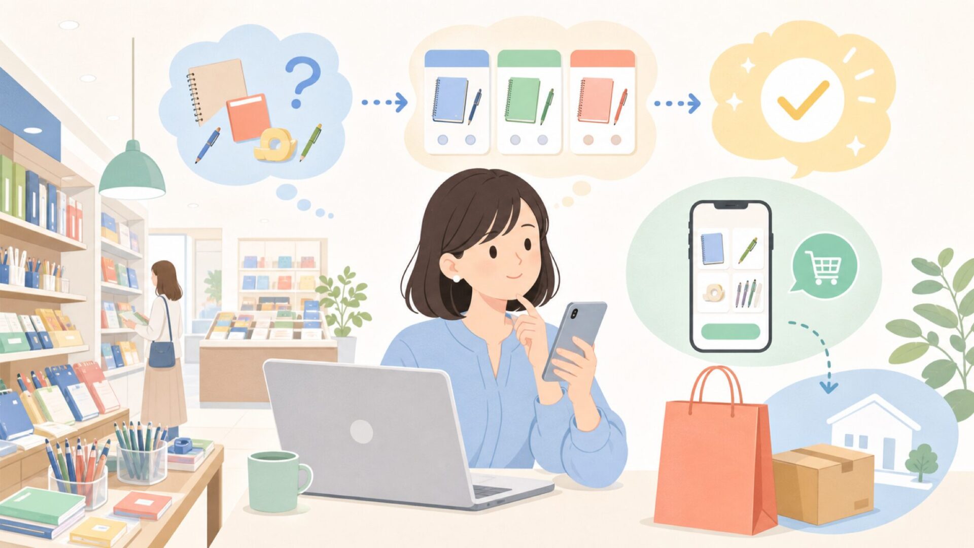 銀座 伊東屋本店を訪れる・利用するときに知っておきたいことを表すイラスト