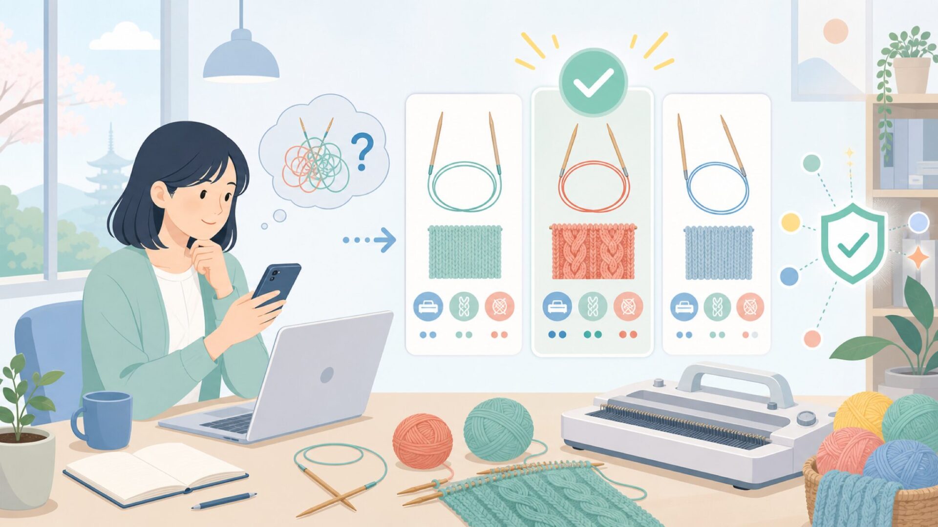 機械編みや応用的な使い方にも対応するSeeknitの輪針を表すイラスト