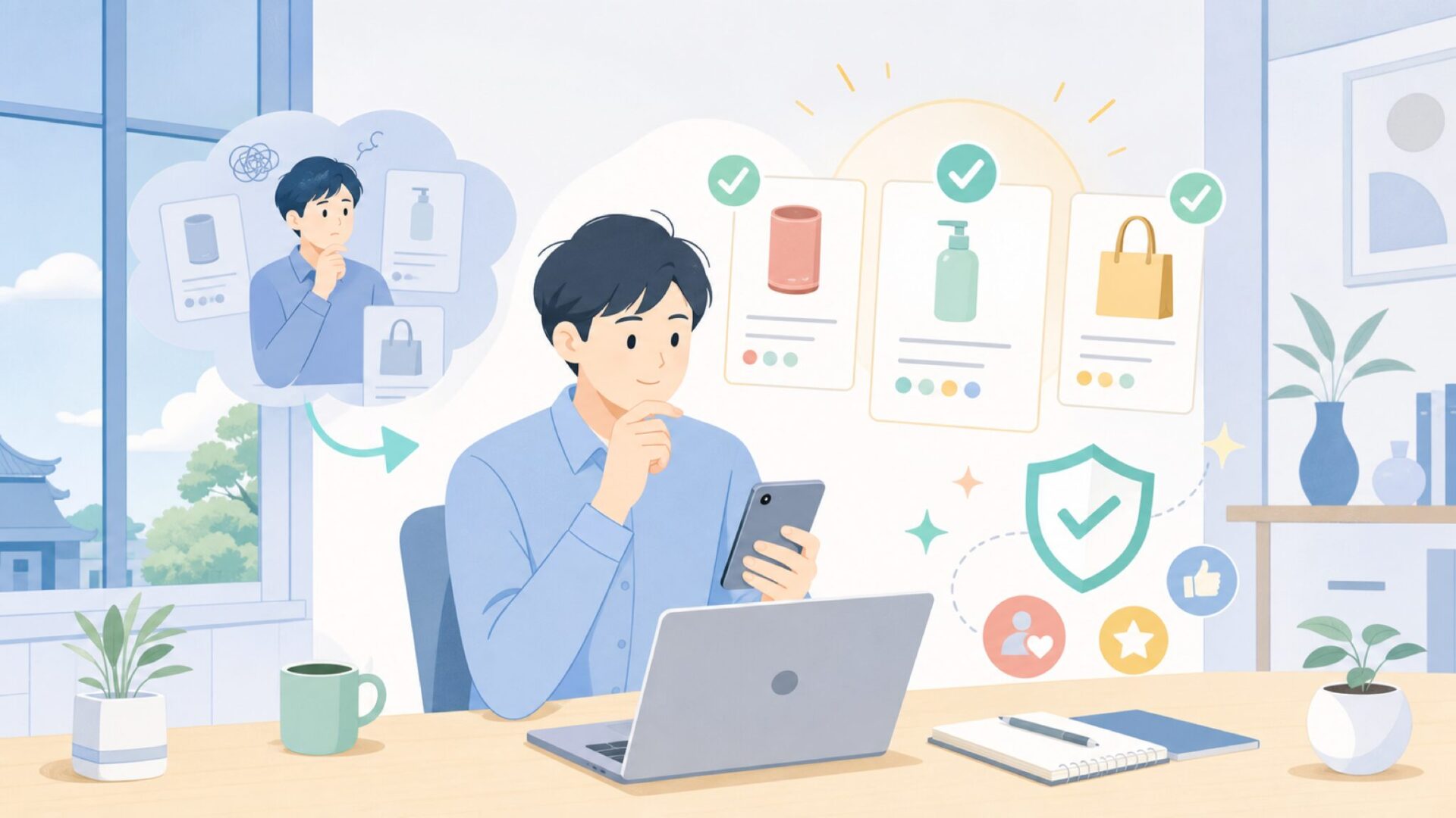 購入前に確認したいポイントと評判を表すイラスト