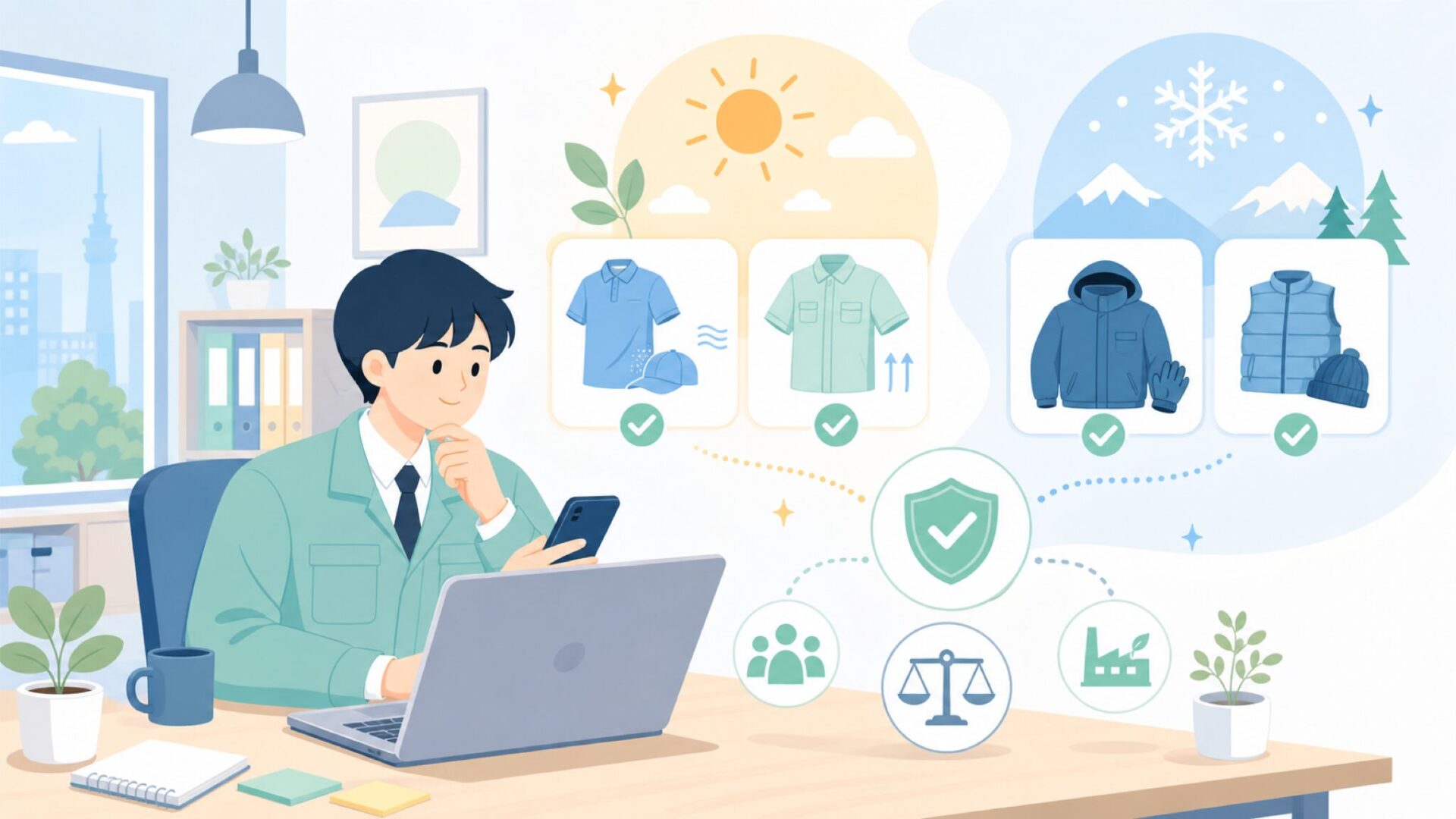 夏だけじゃない——冬もカバーするバートルのラインナップを表すイラスト
