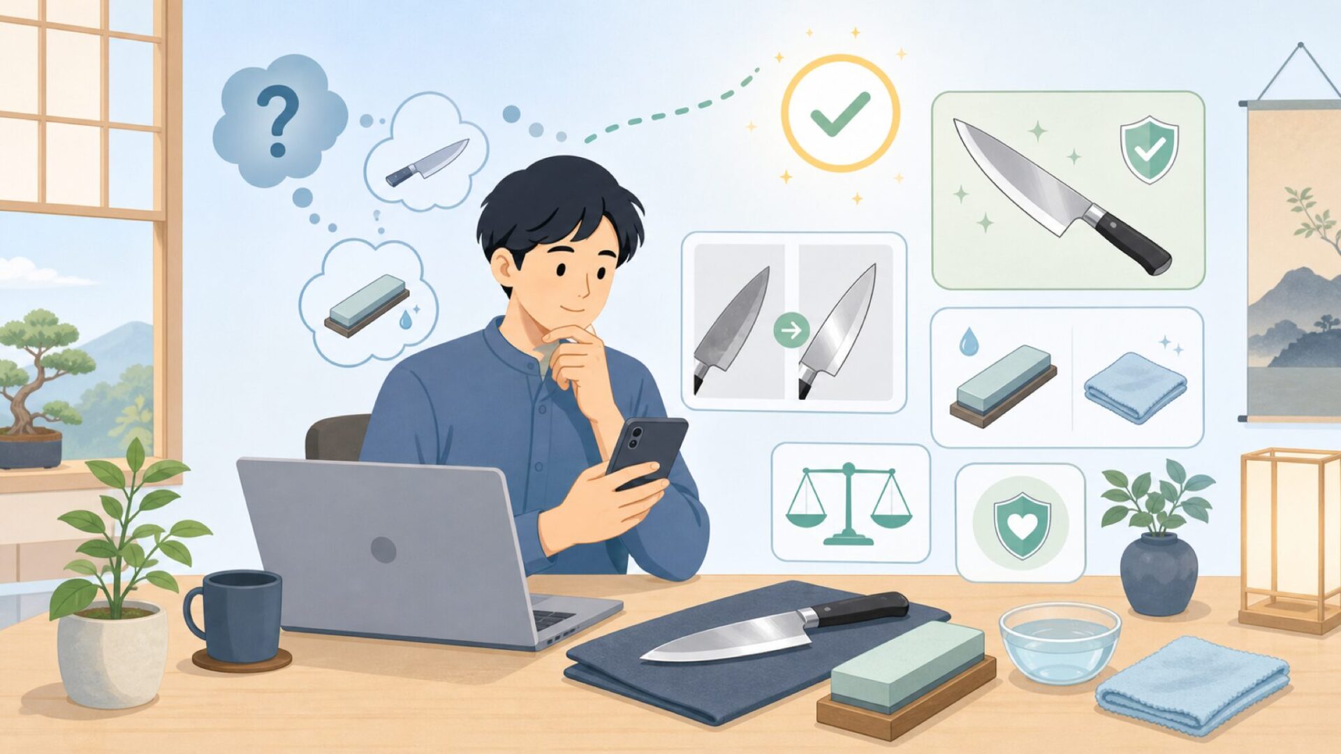 Wusthofを長持ちさせる研ぎ方とお手入れの基本を表すイラスト