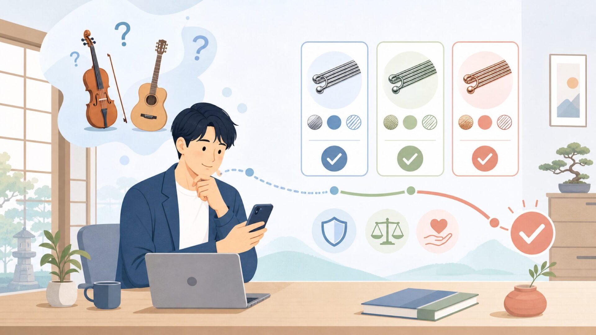 自分に合うThomastik-Infeldの弦を選ぶ3つのポイントを表すイラスト