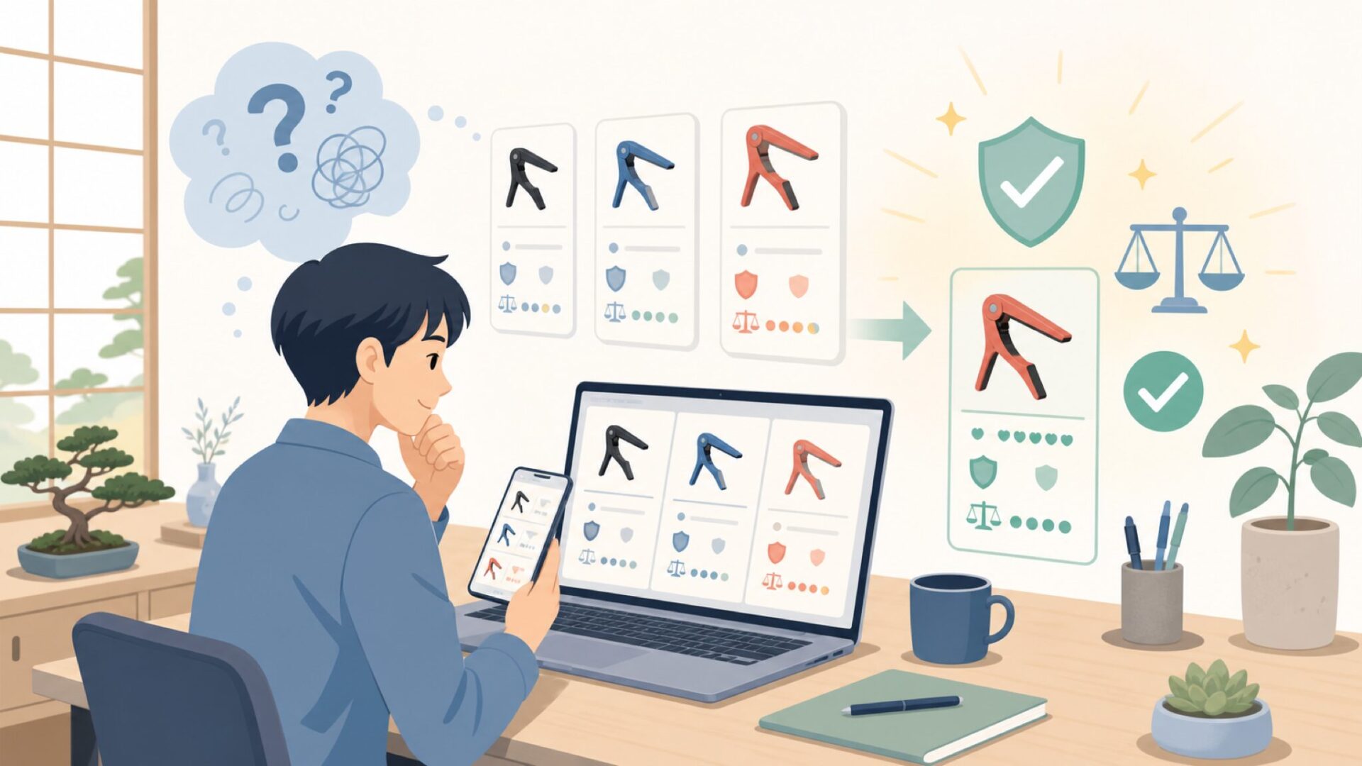 代替ブランドとの比較で見えてくる、あなたに合うカポの選び方を表すイラスト