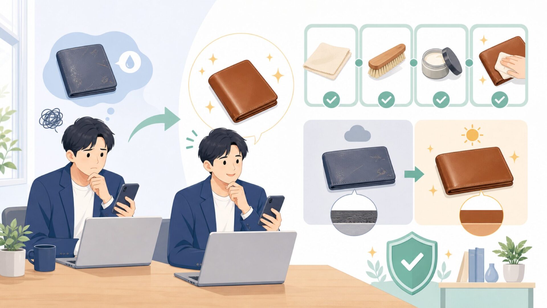 買った後に失敗しないスムースレザーの基本ケア手順を表すイラスト