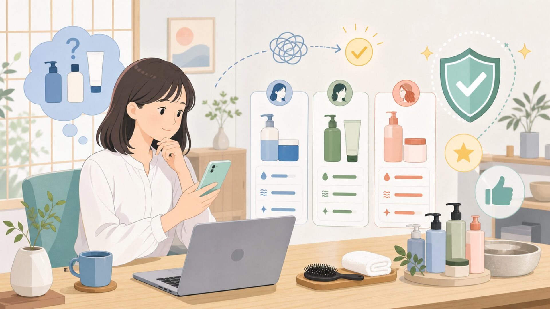 人気商品と髪悩み別の選び方を表すイラスト