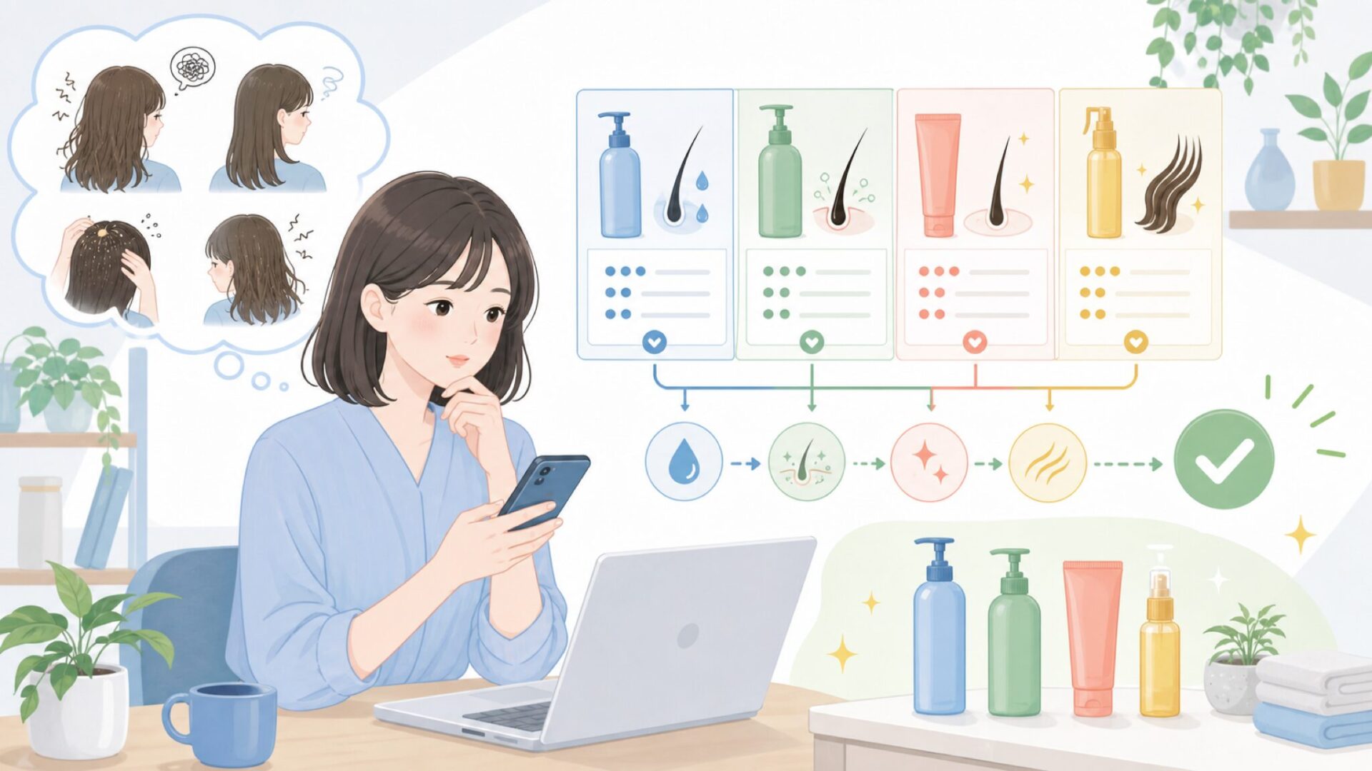 自分の髪悩みに合わせた選び方を表すイラスト