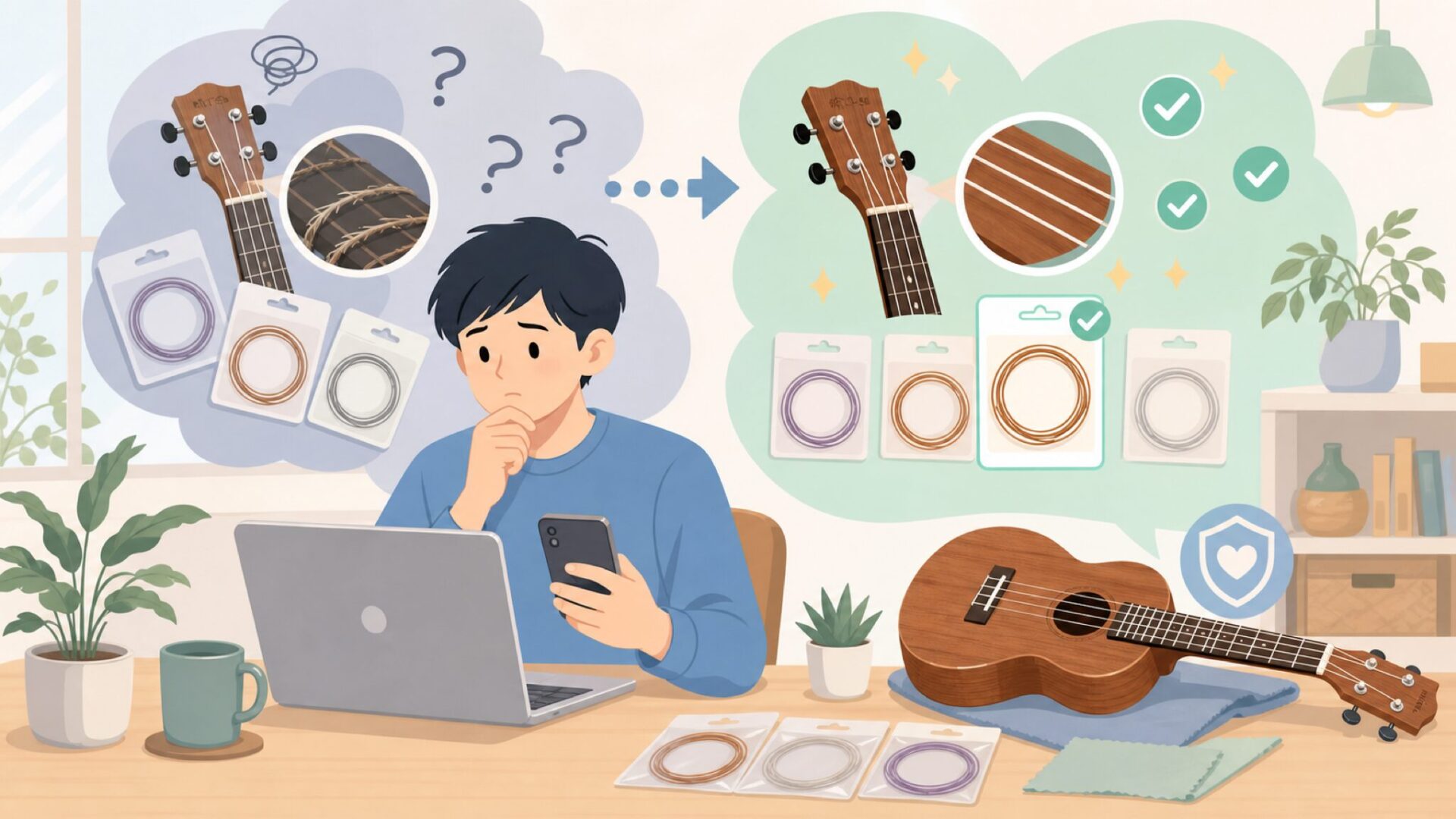 自分のウクレレに合う選び方と張り替えのタイミングを表すイラスト