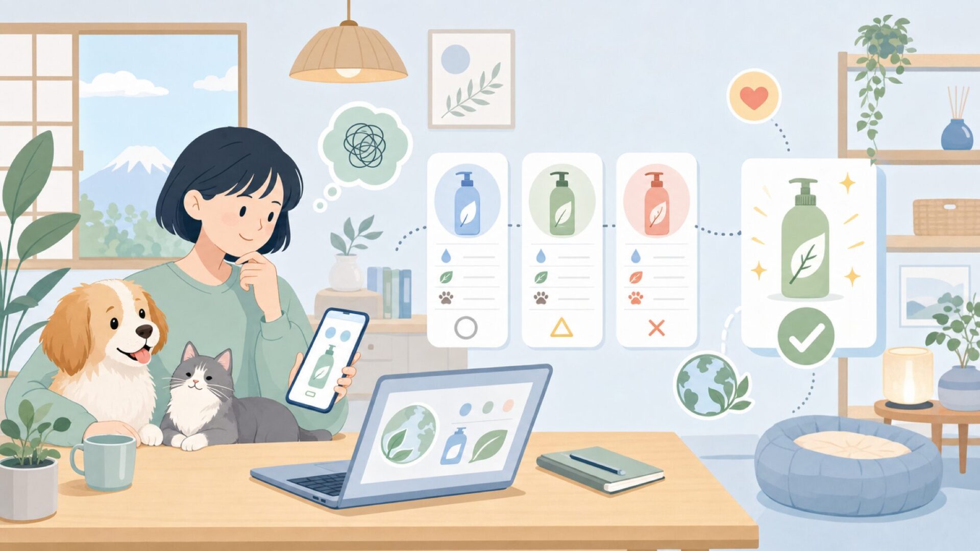 愛犬・愛猫に合わせたearthbathシャンプーの選び方を表すイラスト
