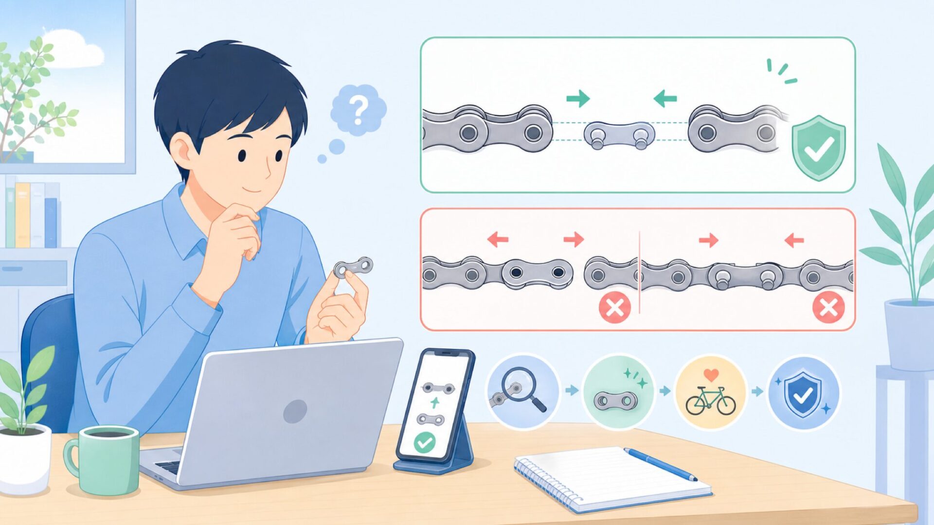 取り付けの向きとミッシングリンクの使い方を表すイラスト