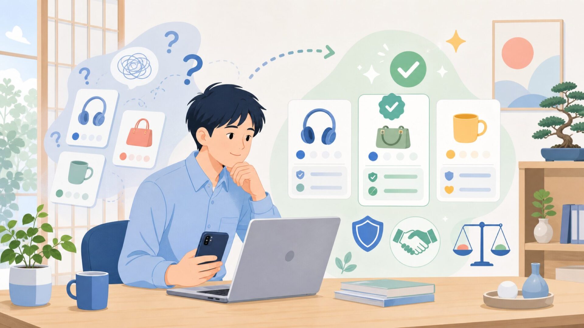 購入先と価格に見合うかの判断基準を表すイラスト