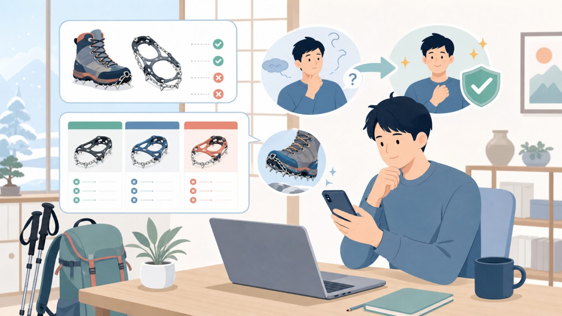 Kahtoolaチェーンスパイクの選び方・使い方のコツを表すイラスト