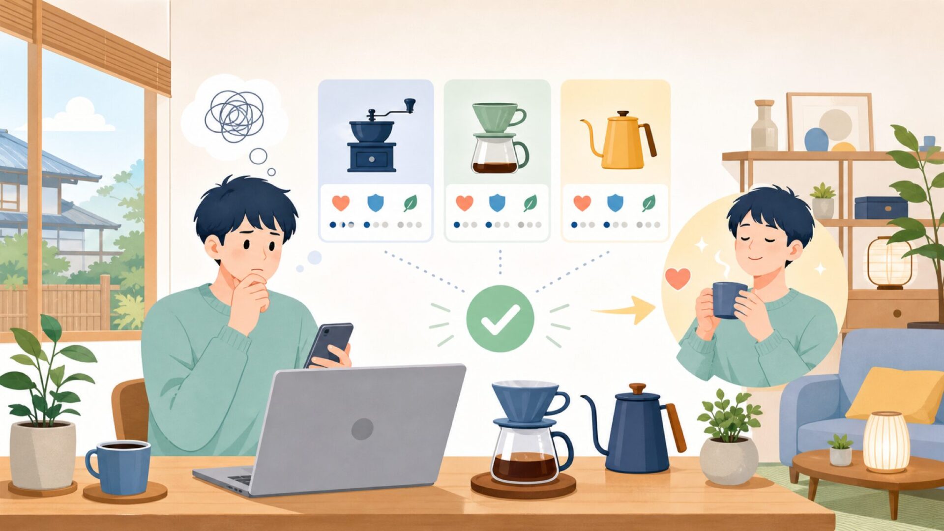 コーヒーを味わう時間を作り出す暮らし方を表すイラスト