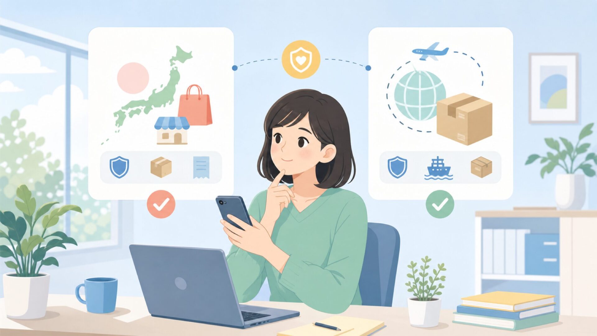 日本で買う場合と海外から買う場合の違いを表すイラスト