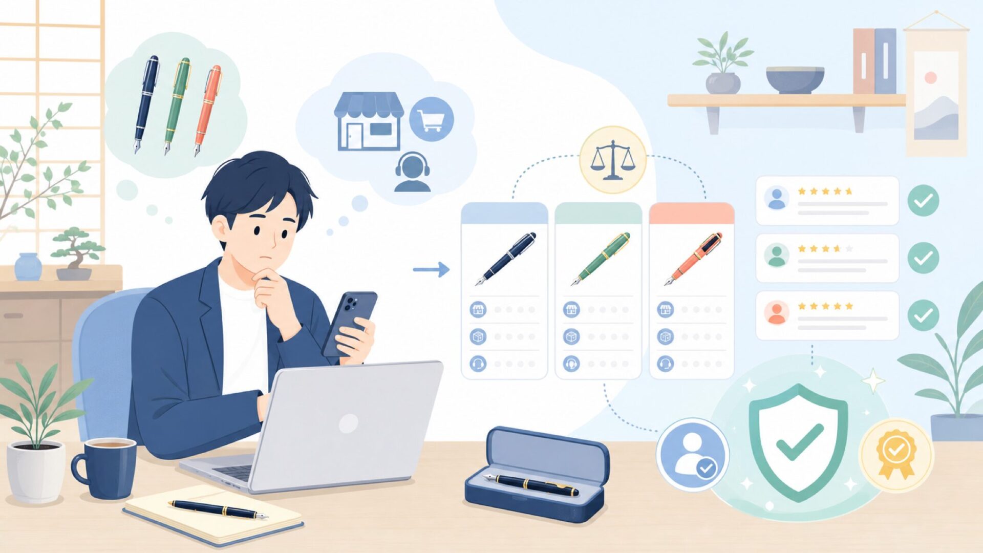 Kawecoの万年筆を購入できる取扱店とレビューの見方を表すイラスト