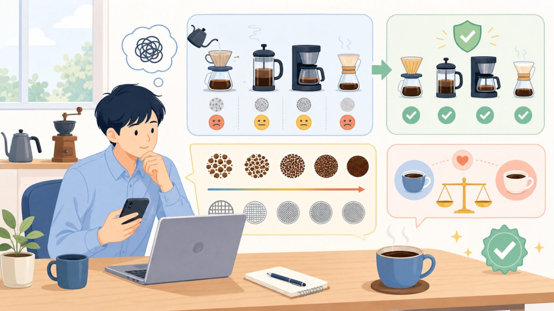 味を安定させる使い方とおすすめの粒度(メッシュ)を表すイラスト