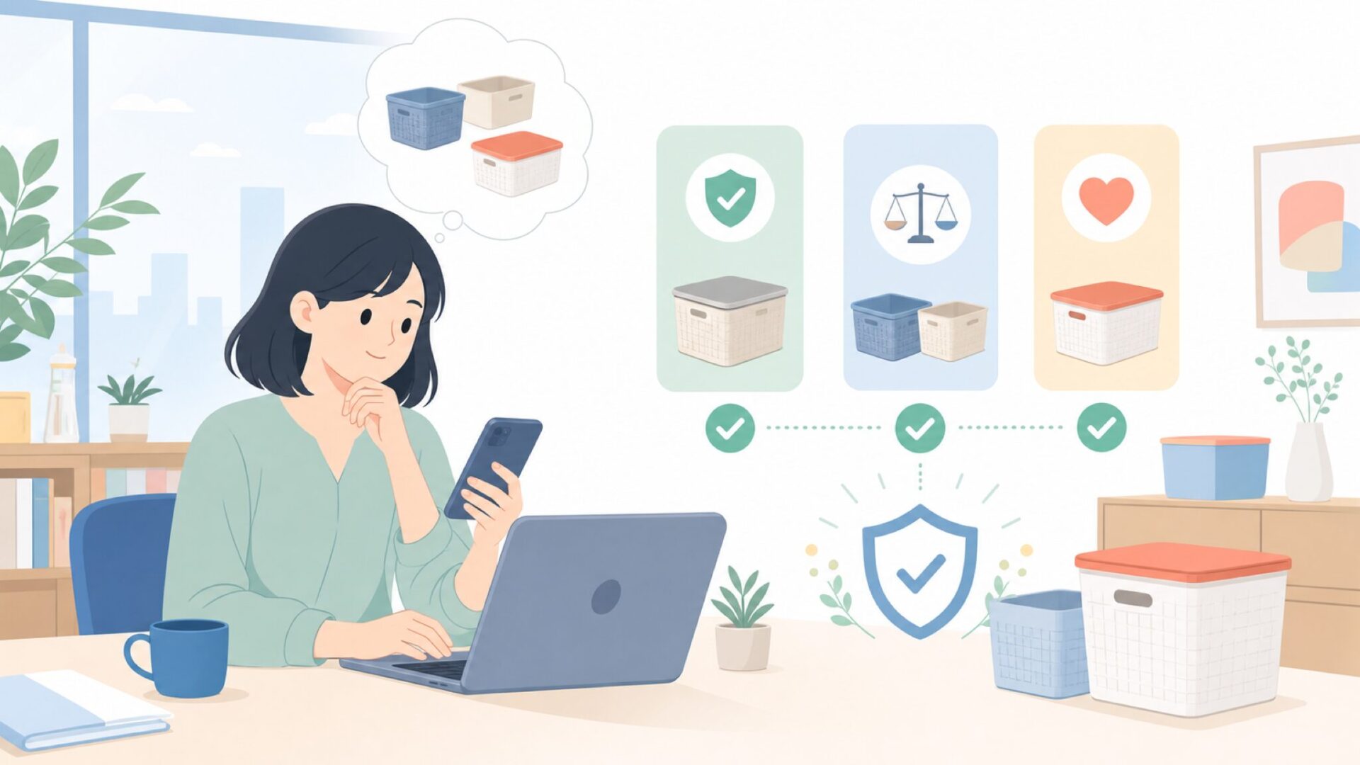 Curver商品を買う前に確認したい3つのことを表すイラスト