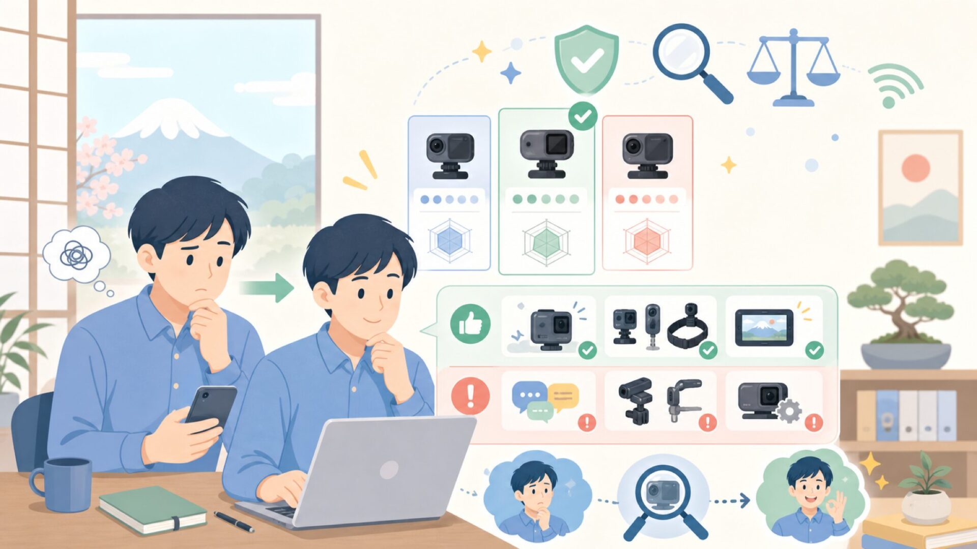 購入前に確認したいレビュー評価と注意点を表すイラスト