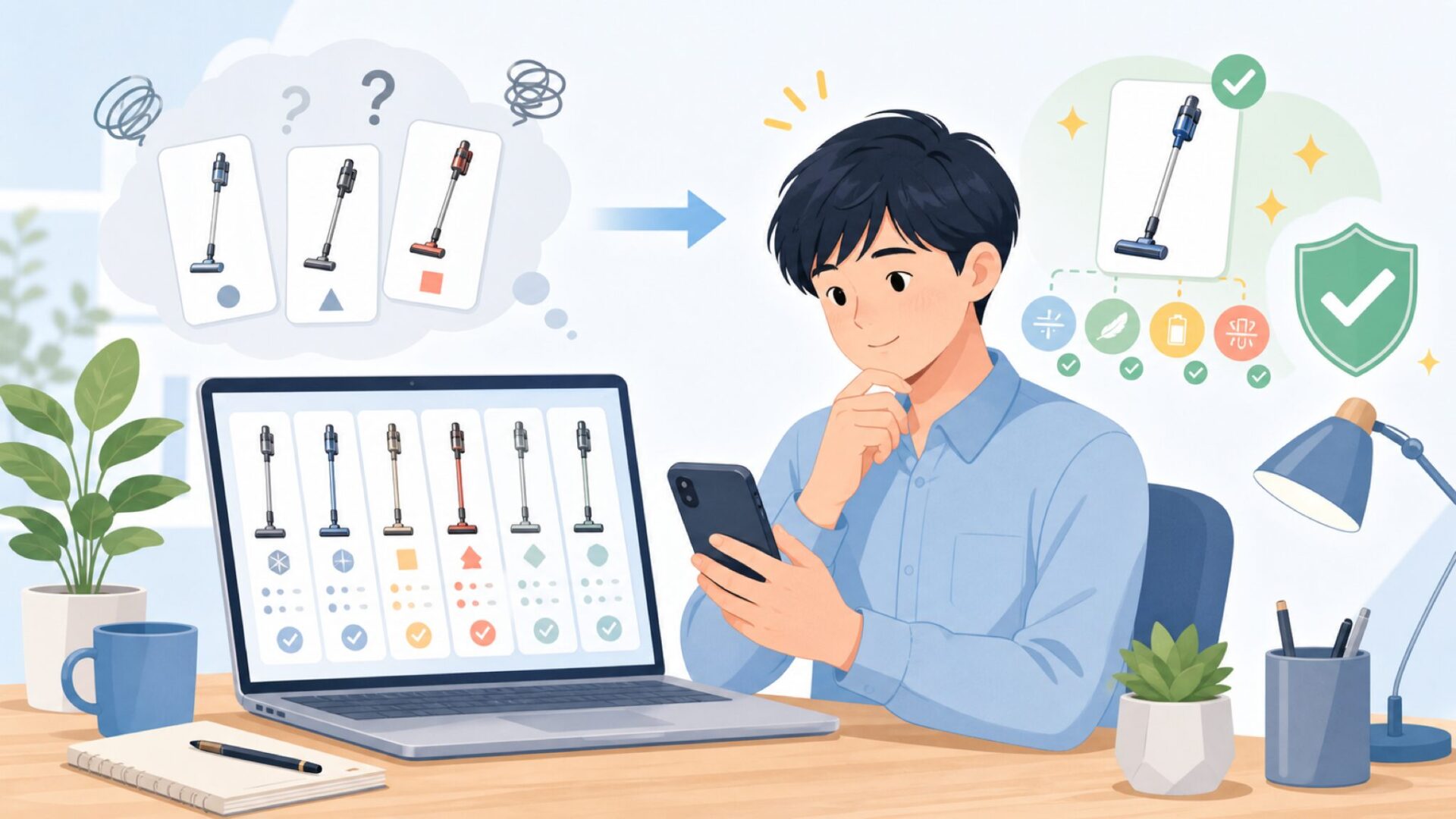 同価格帯のコードレス掃除機とどう比較すればいいかを表すイラスト