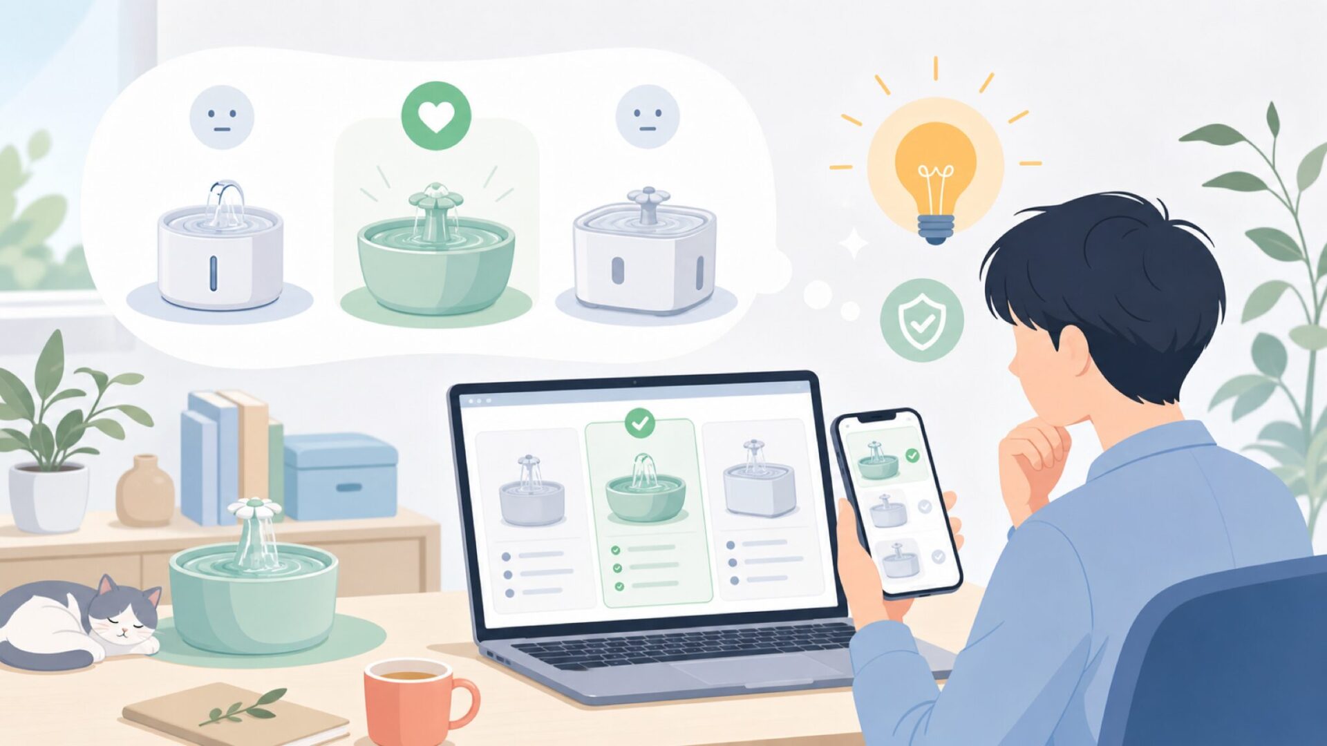 uahpetと他の自動給水器を比較して選ぶを表すイラスト