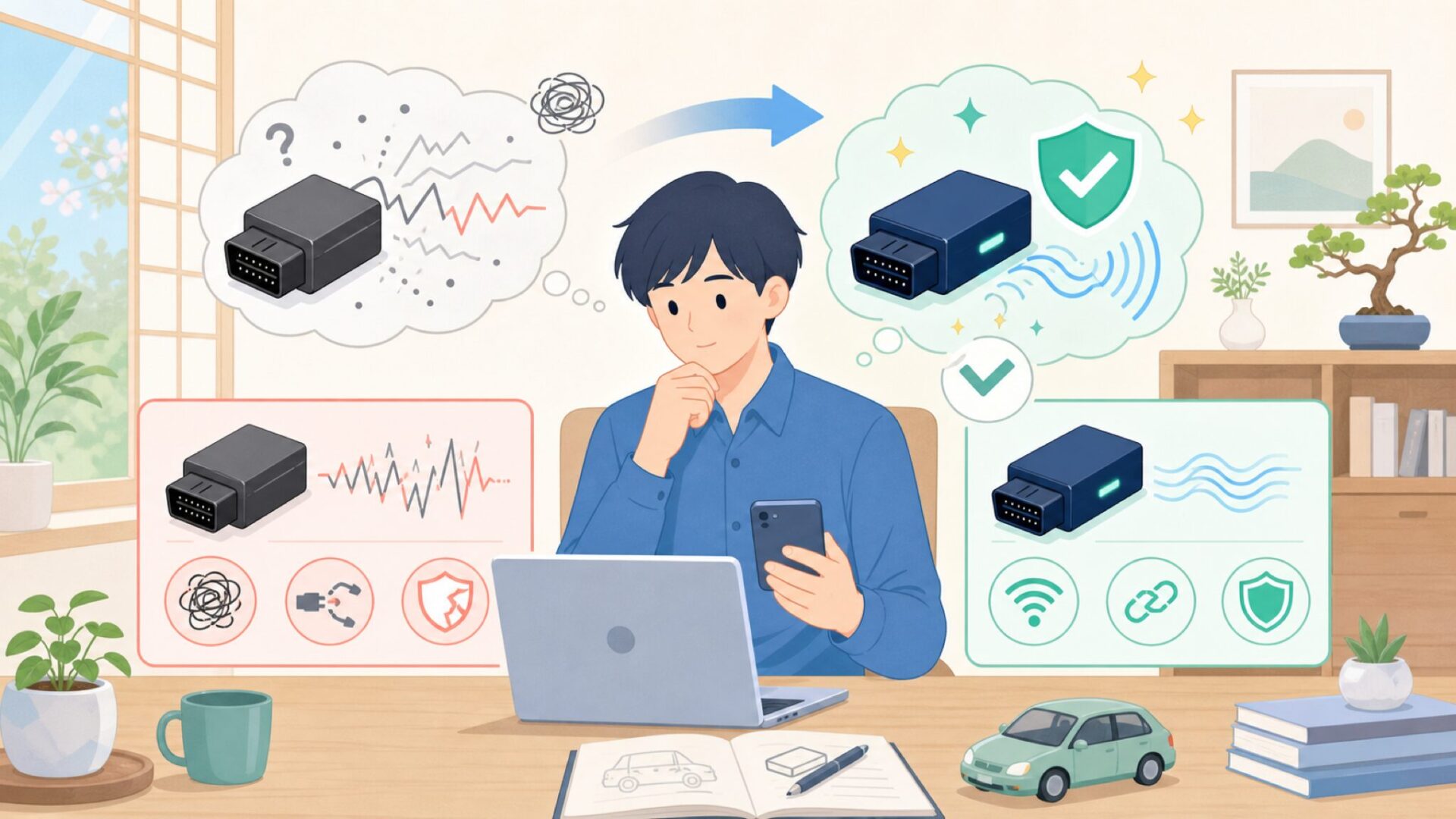 OBD2診断機を選ぶときに失敗しないポイントを表すイラスト