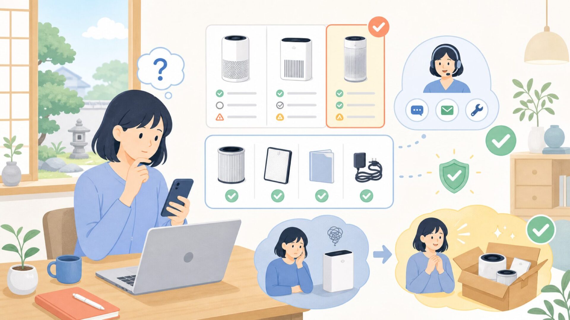 購入後に困らないためのサポート・付属品の確認を表すイラスト