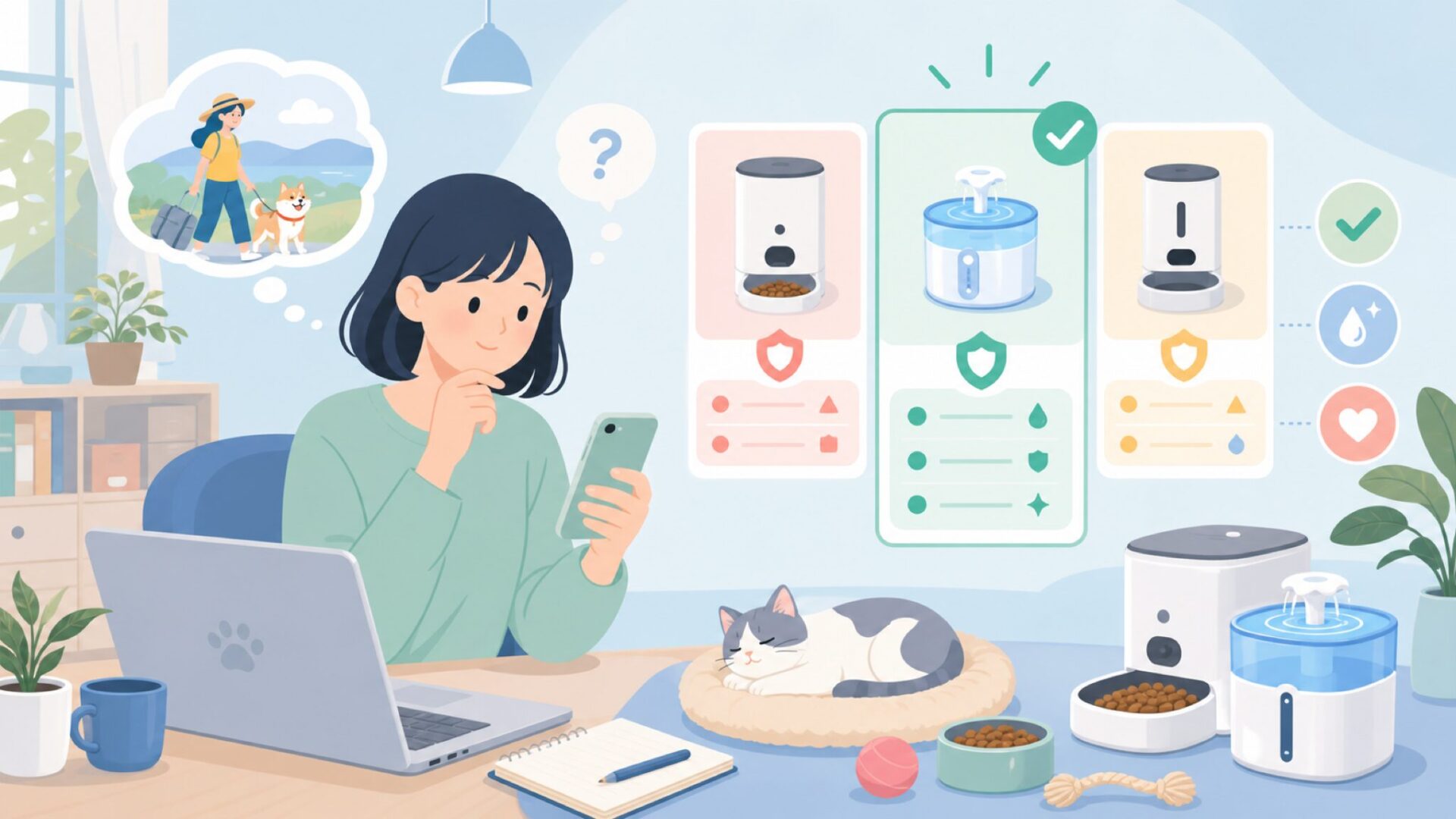 給水器など周辺ペット用品も合わせて検討するを表すイラスト