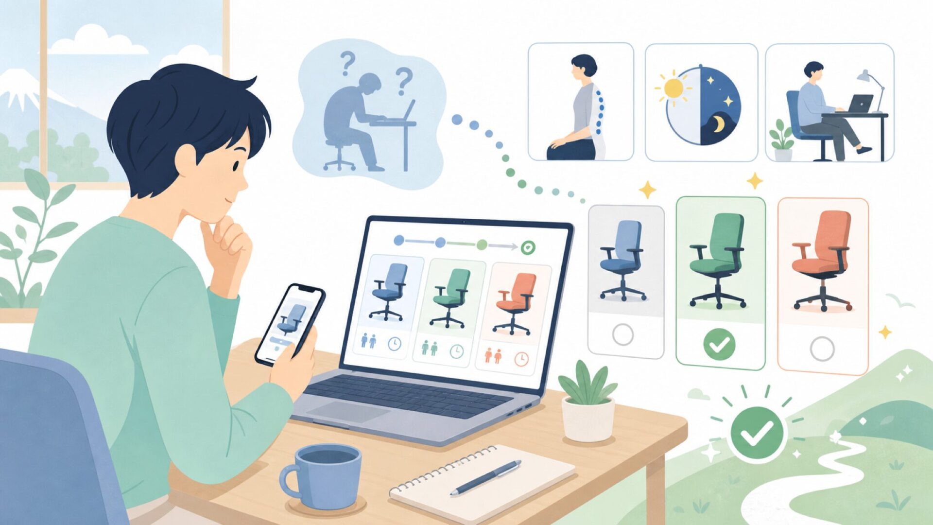 在宅勤務での使い方に合うか見極める選び方を表すイラスト