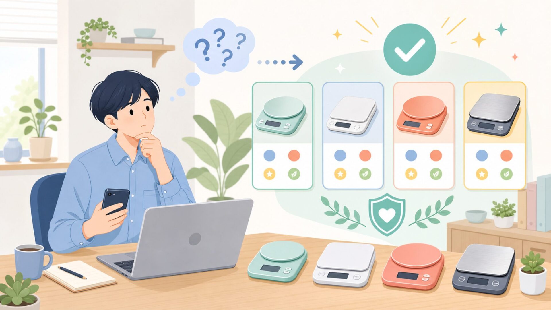 0.1g単位キッチンスケールの人気商品と比べてみるを表すイラスト