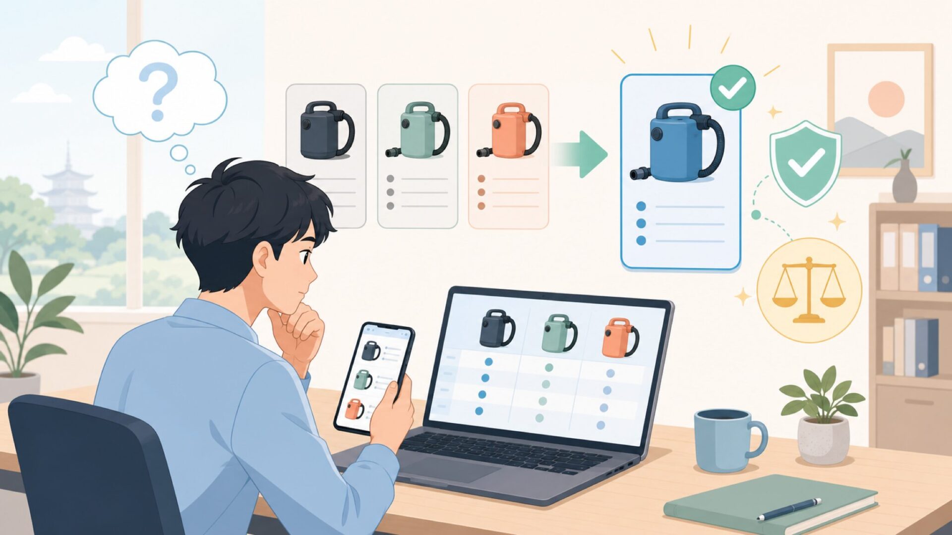 他の電動SUPポンプと比べてkosmegalを選ぶべきかを表すイラスト