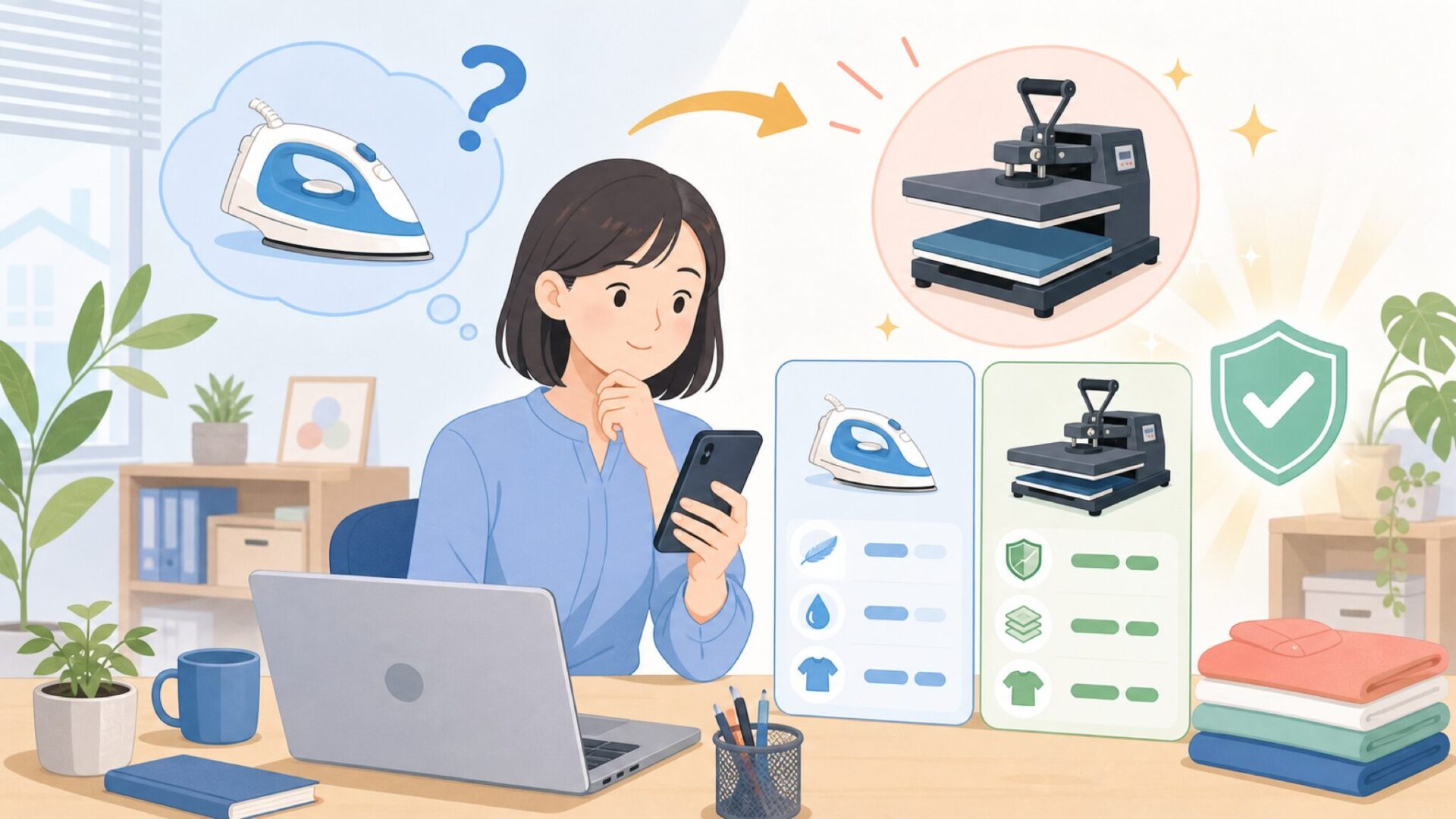 家庭用アイロンや業務用ヒートプレスとの違いを表すイラスト