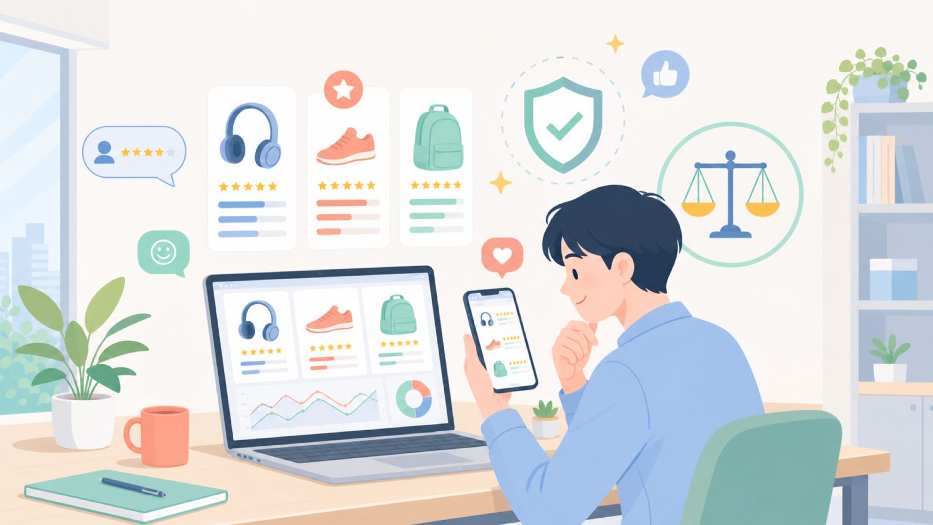 カスタマーレビューとフィードバックから見える評価を表すイラスト