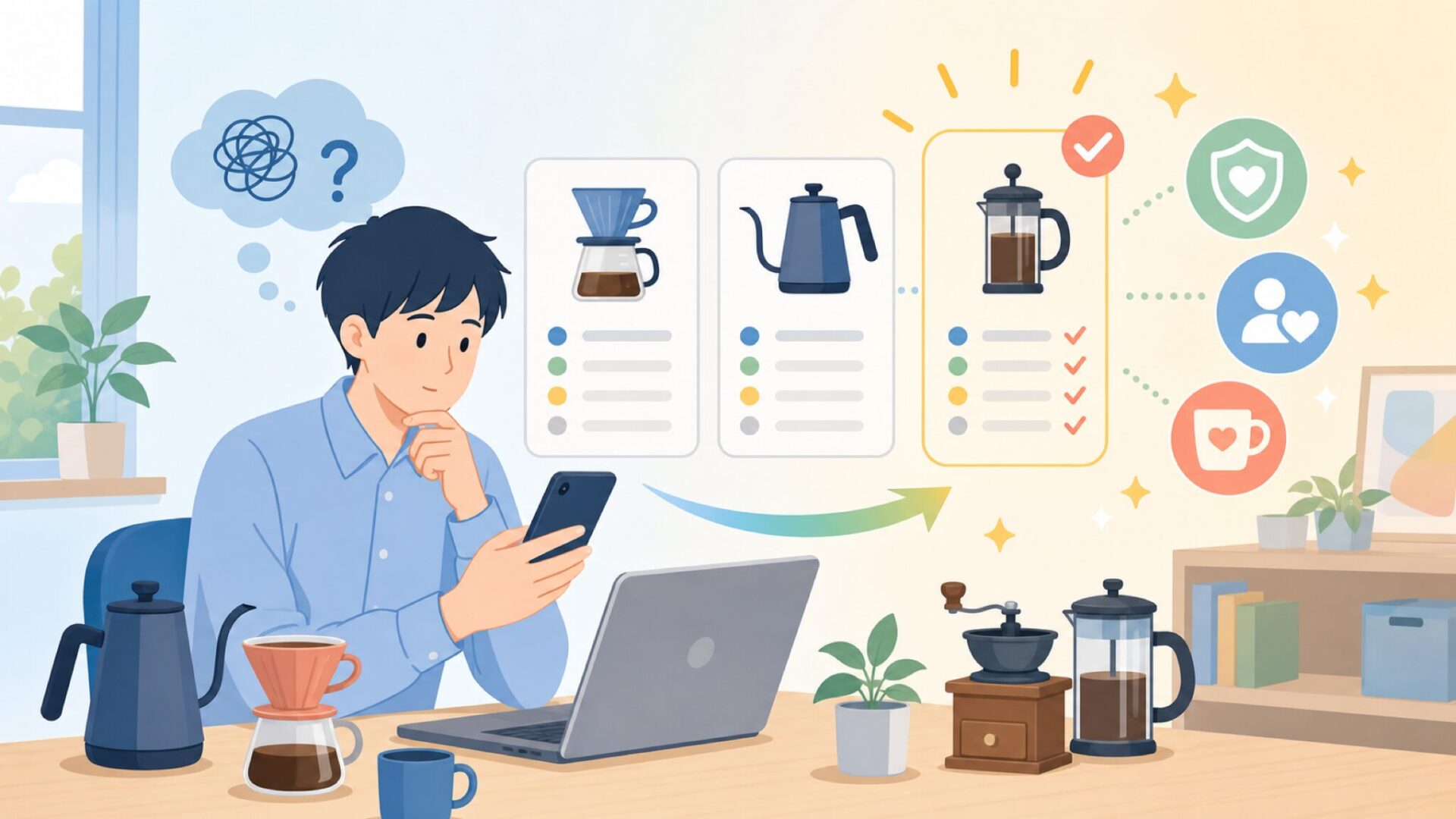 価格に見合う？他のコーヒー器具ブランドとの比較視点を表すイラスト