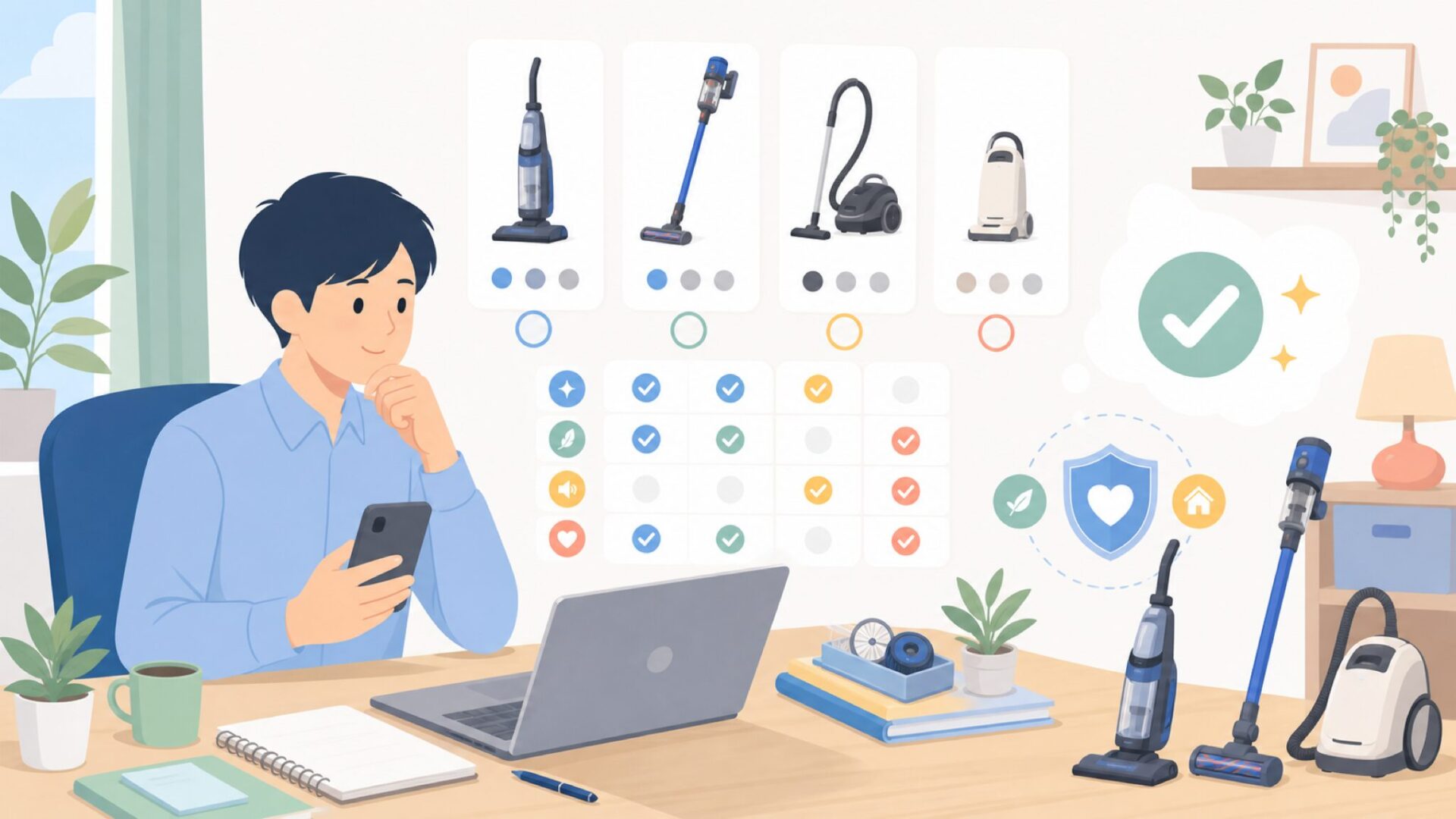 Bissellと他ブランド（Dyson・日本製メーカー）の比較で選ぶポイントを表すイラスト