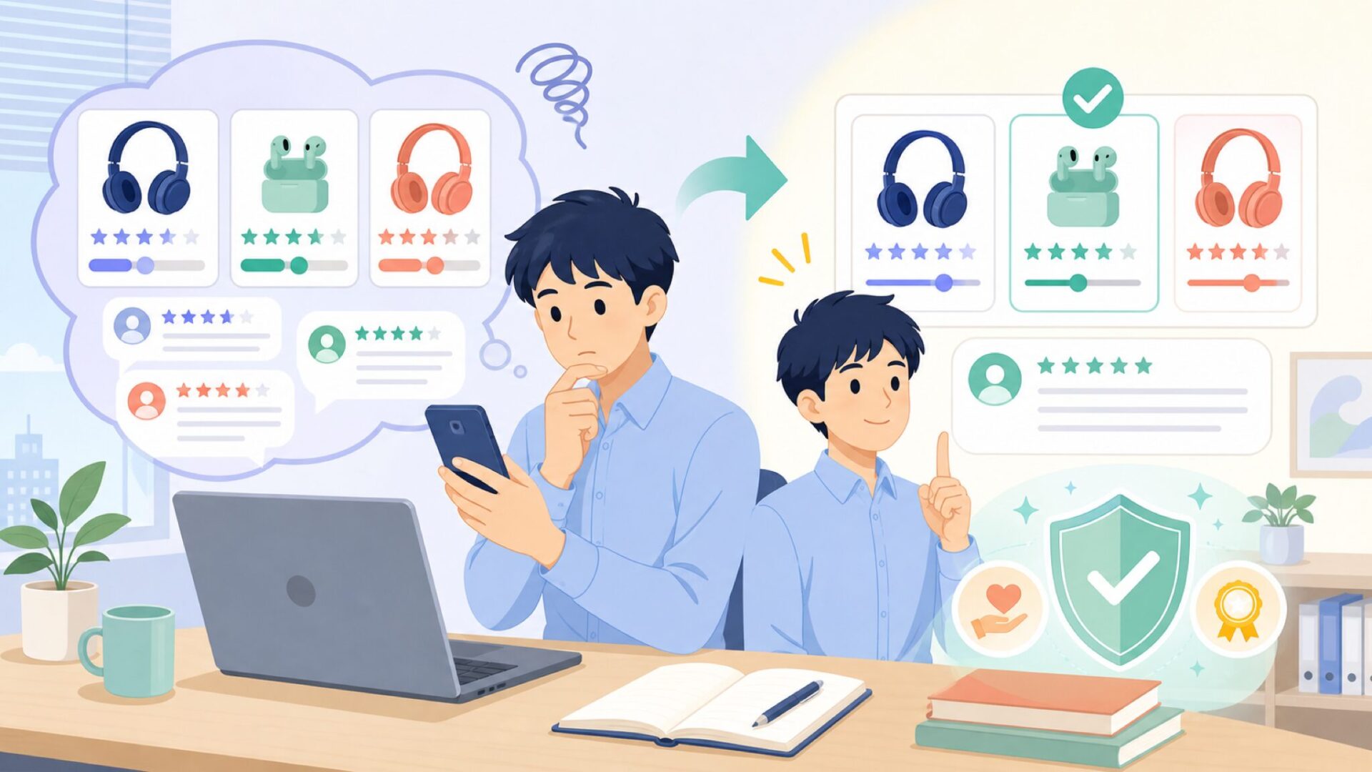 購入前に確認したい価格帯と口コミの見方を表すイラスト