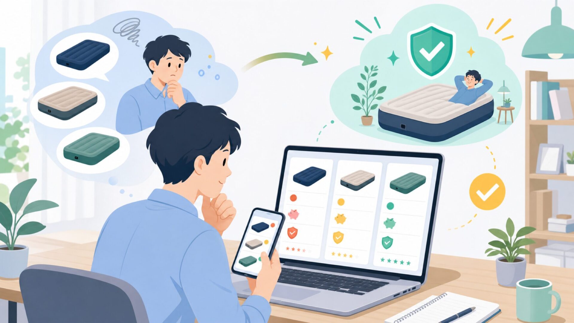 INTEXエアーベッドはどこで買う?価格・購入場所の比較を表すイラスト