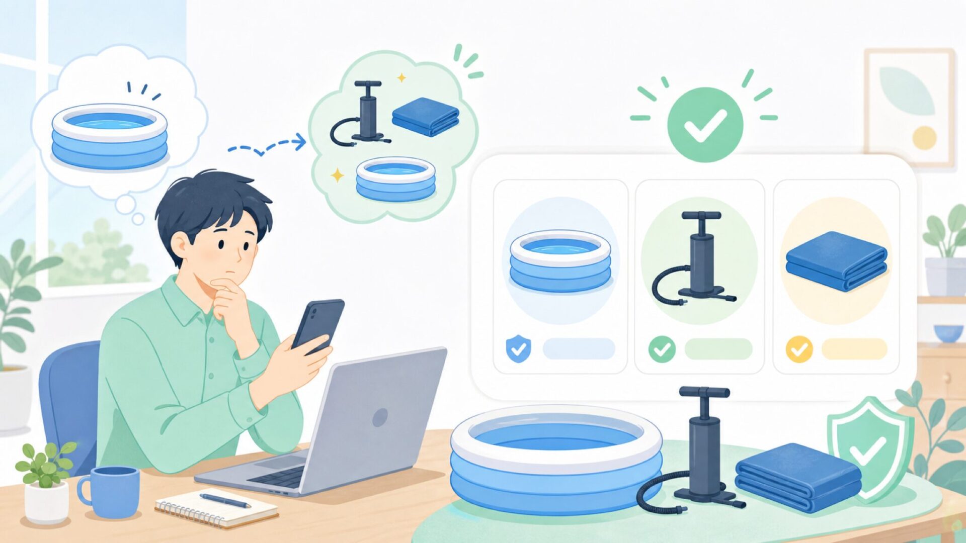 空気入れとプールカバーなど必要な関連グッズを表すイラスト