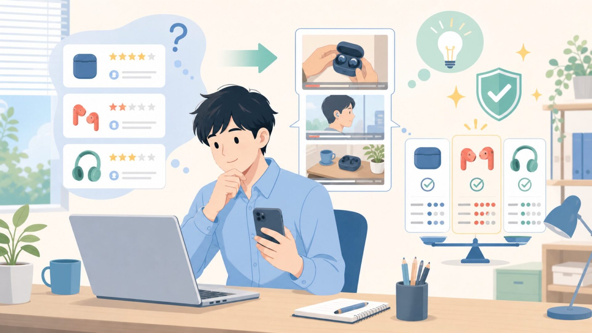 購入前に見ておきたいレビューと動画の読み方を表すイラスト