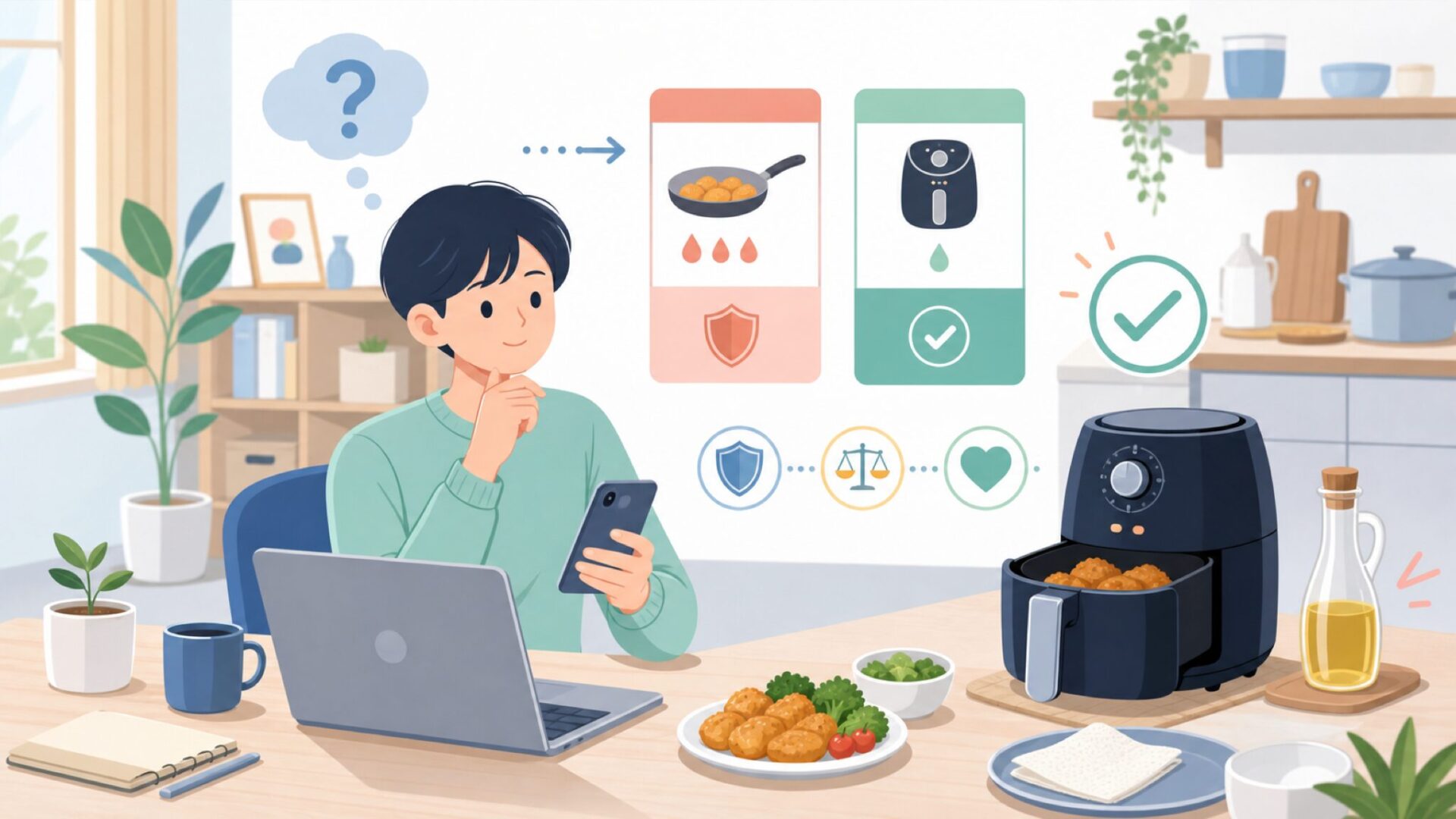エアフライヤーで油を抑えた調理をするメリットを表すイラスト
