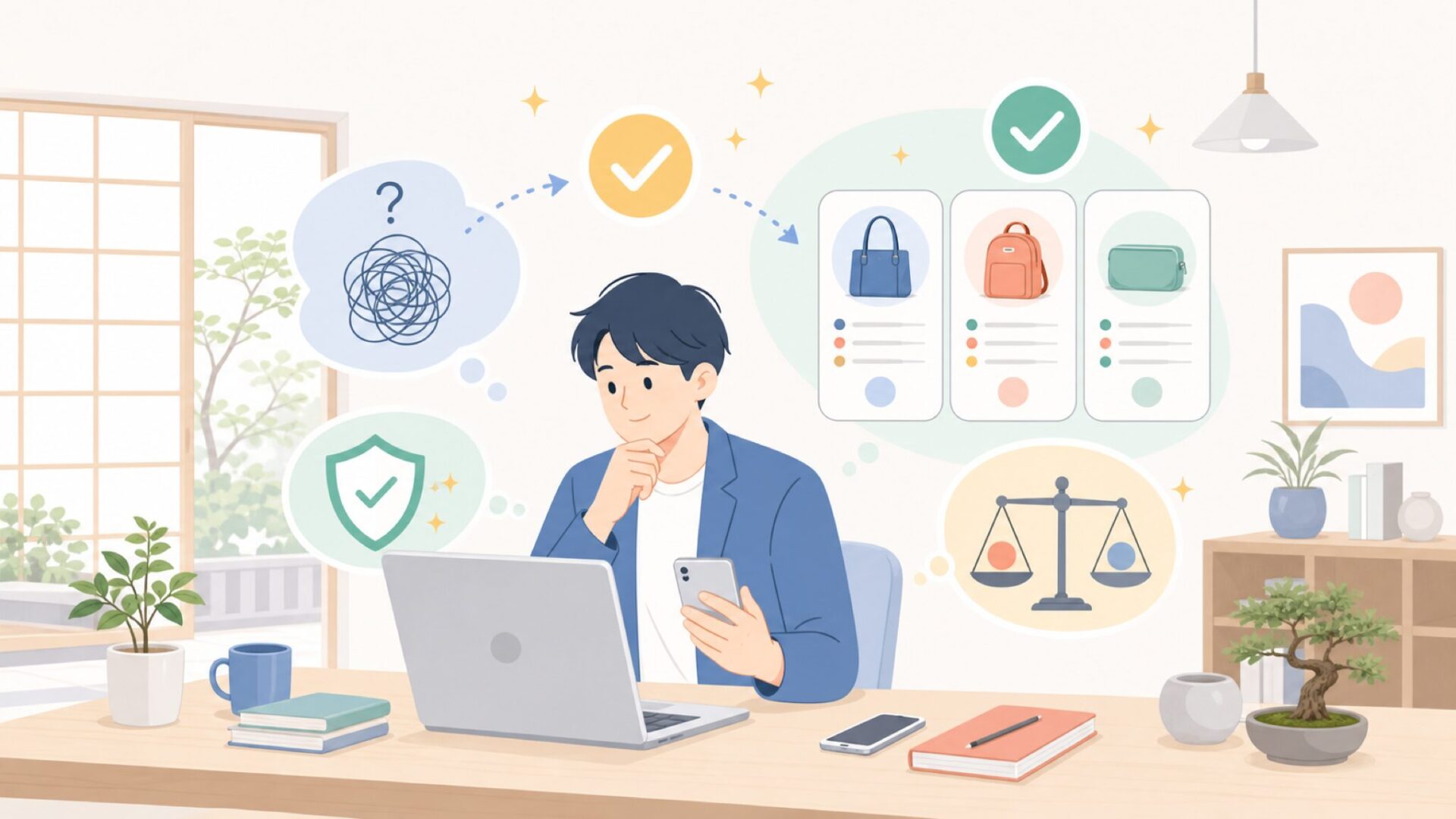 購入前に確認したい注意点を表すイラスト