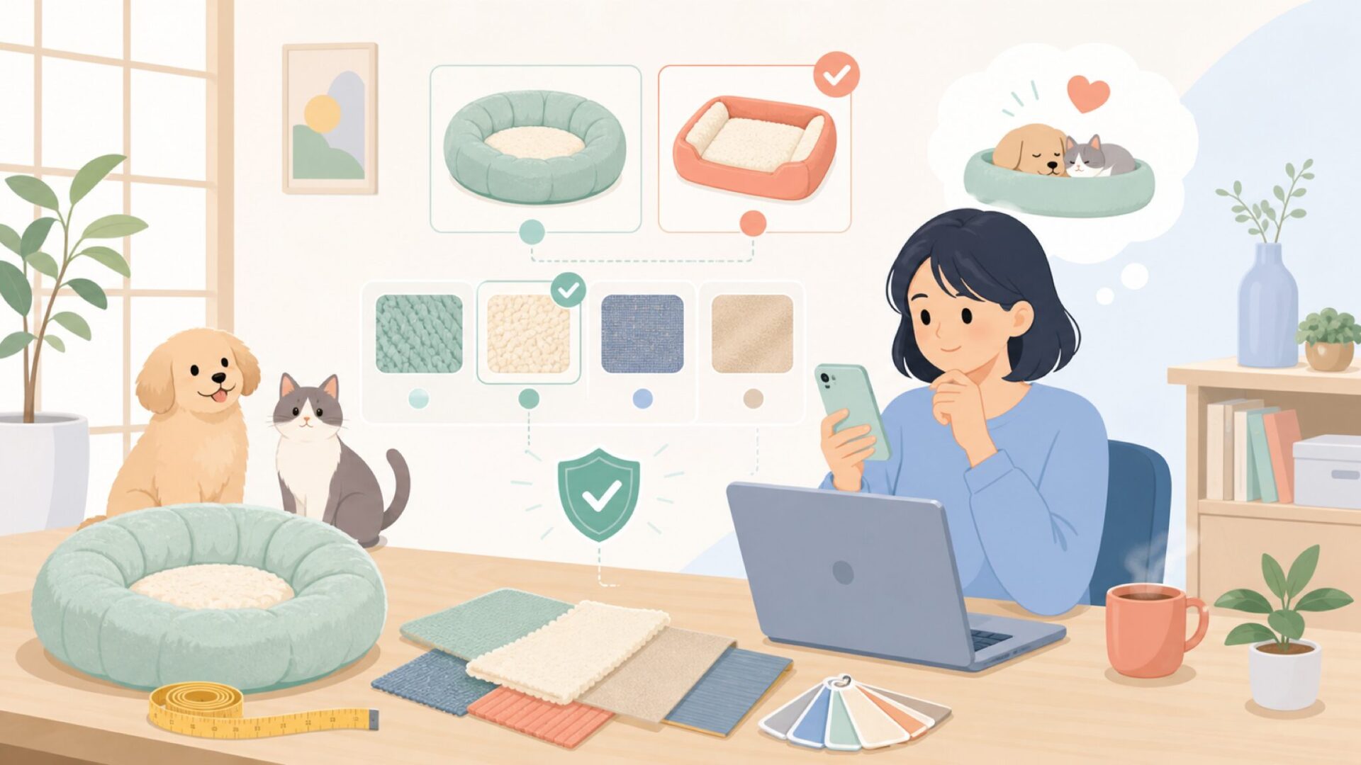 愛犬・愛猫に合うサイズ・素材の選び方を表すイラスト