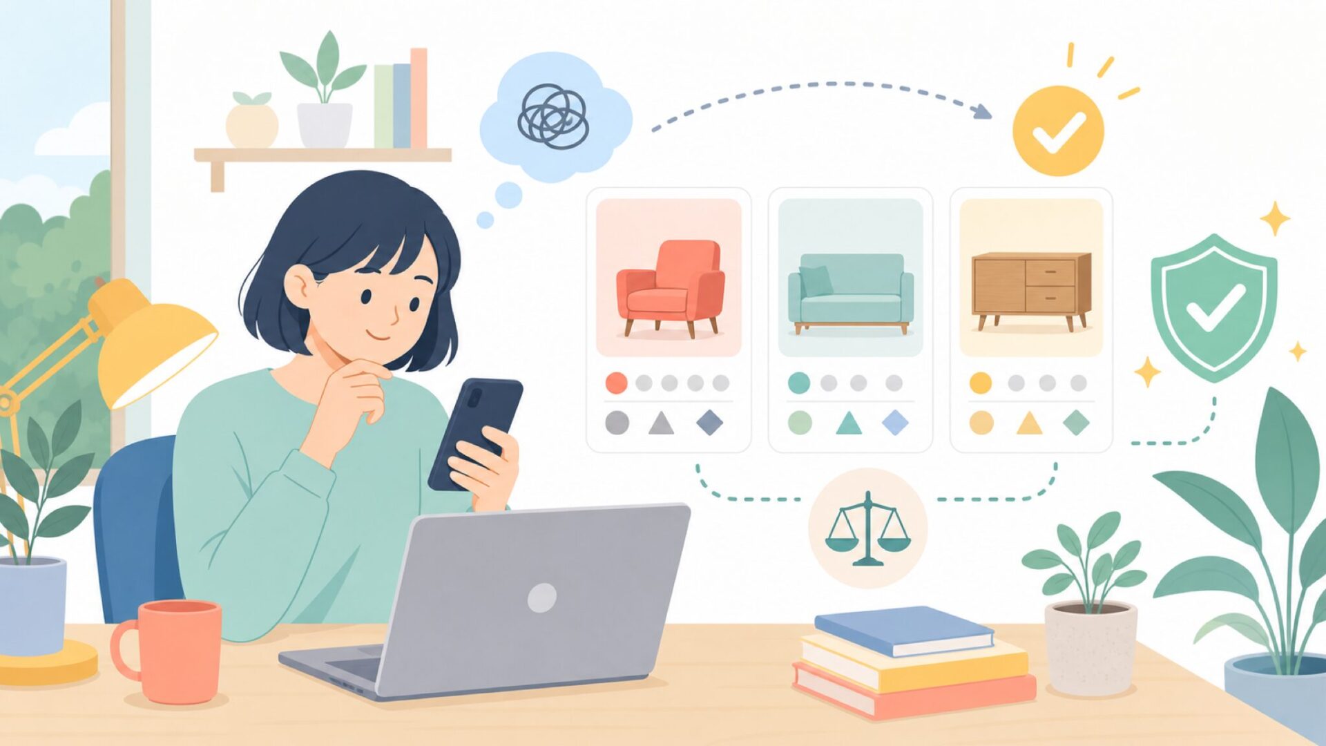 似たような海外家具ブランドとの比較で失敗しない選び方を表すイラスト