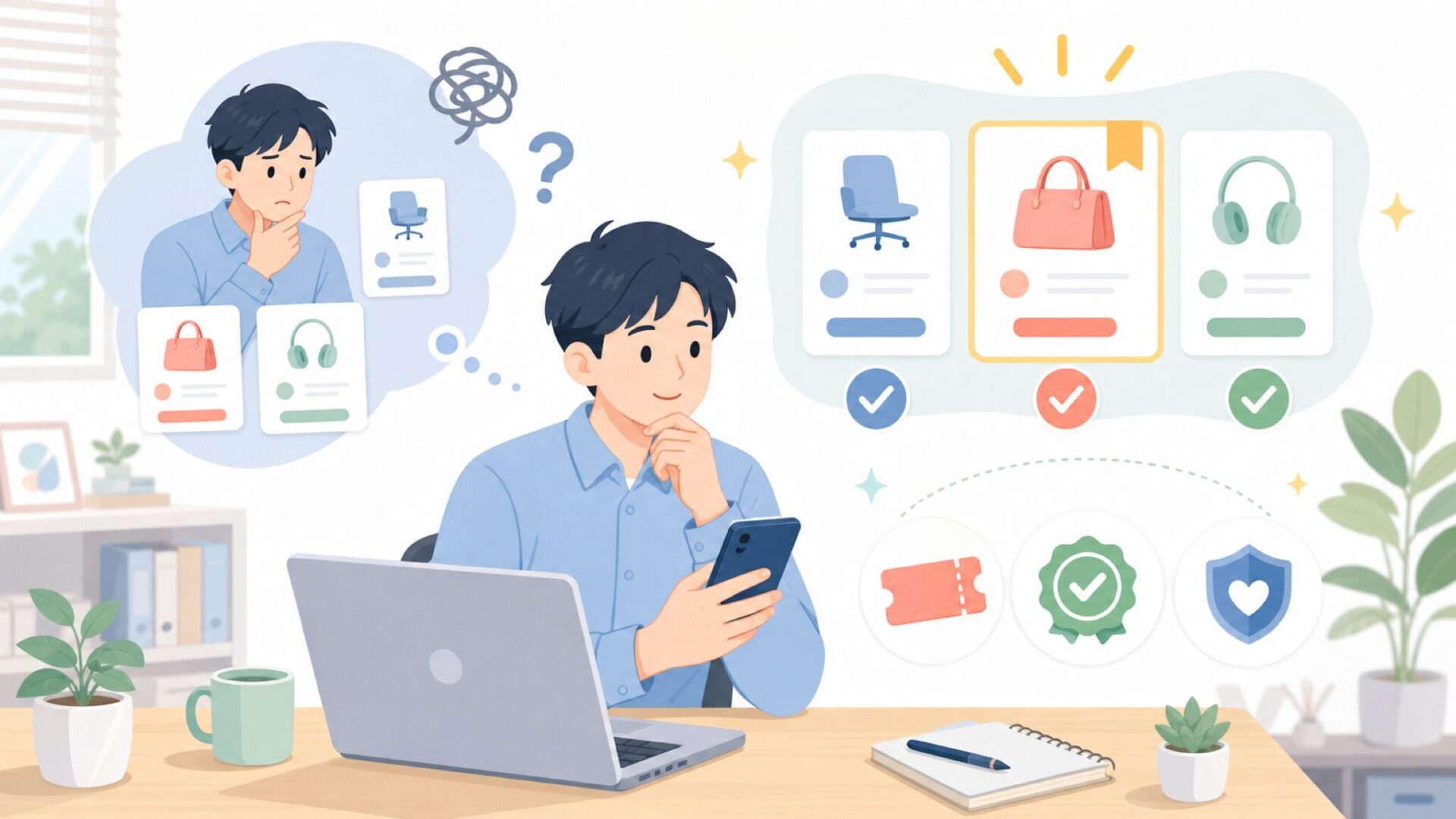 価格とクーポンを踏まえた購入判断を表すイラスト