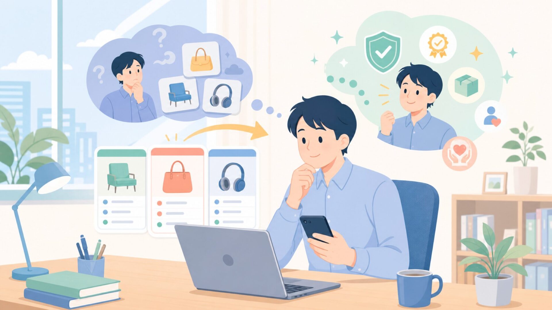 購入前に押さえておきたい安心材料を表すイラスト