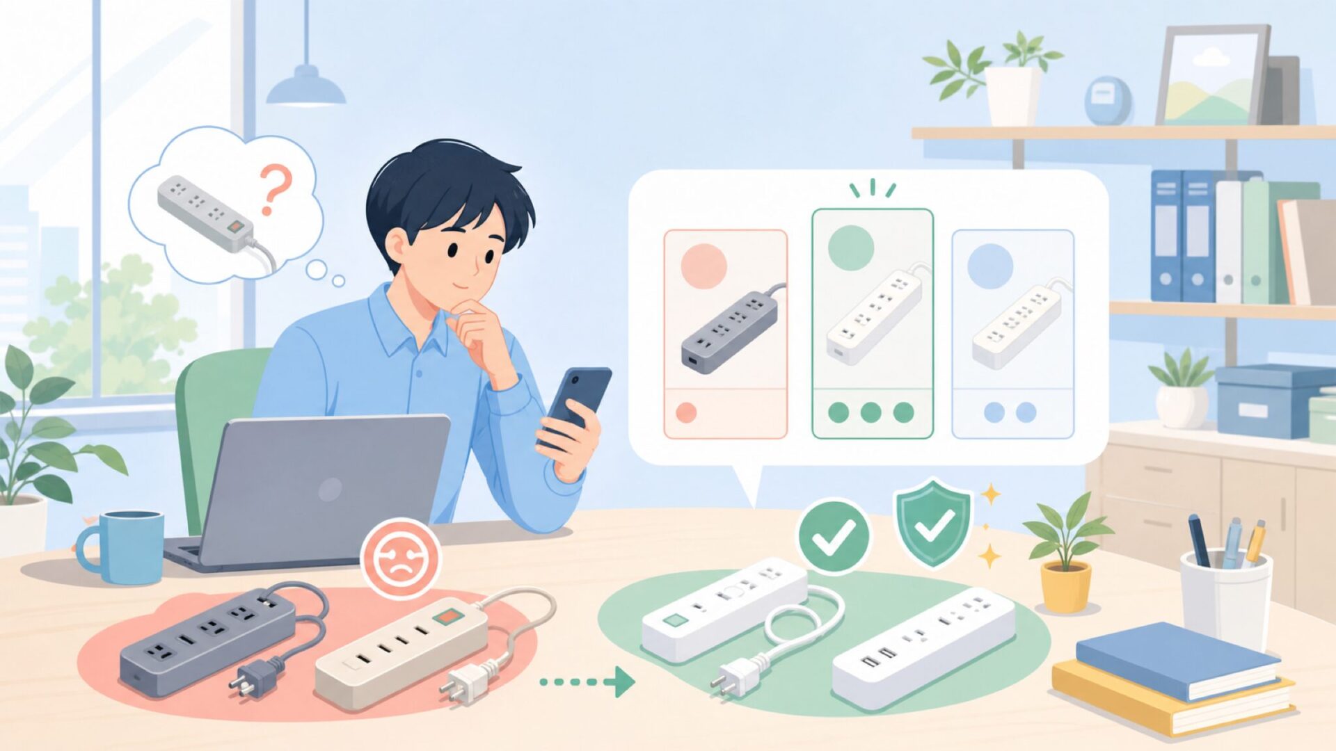信頼できる電源タップの選び方を表すイラスト