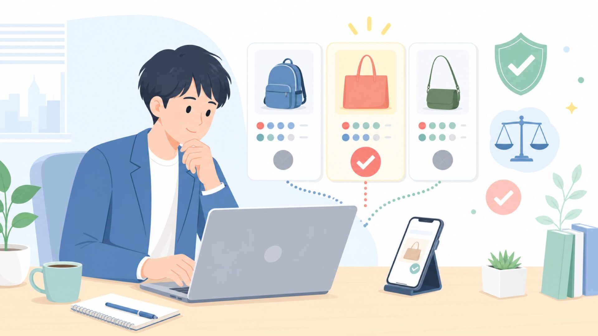 同価格帯の代替ブランドと比べて選ぶを表すイラスト
