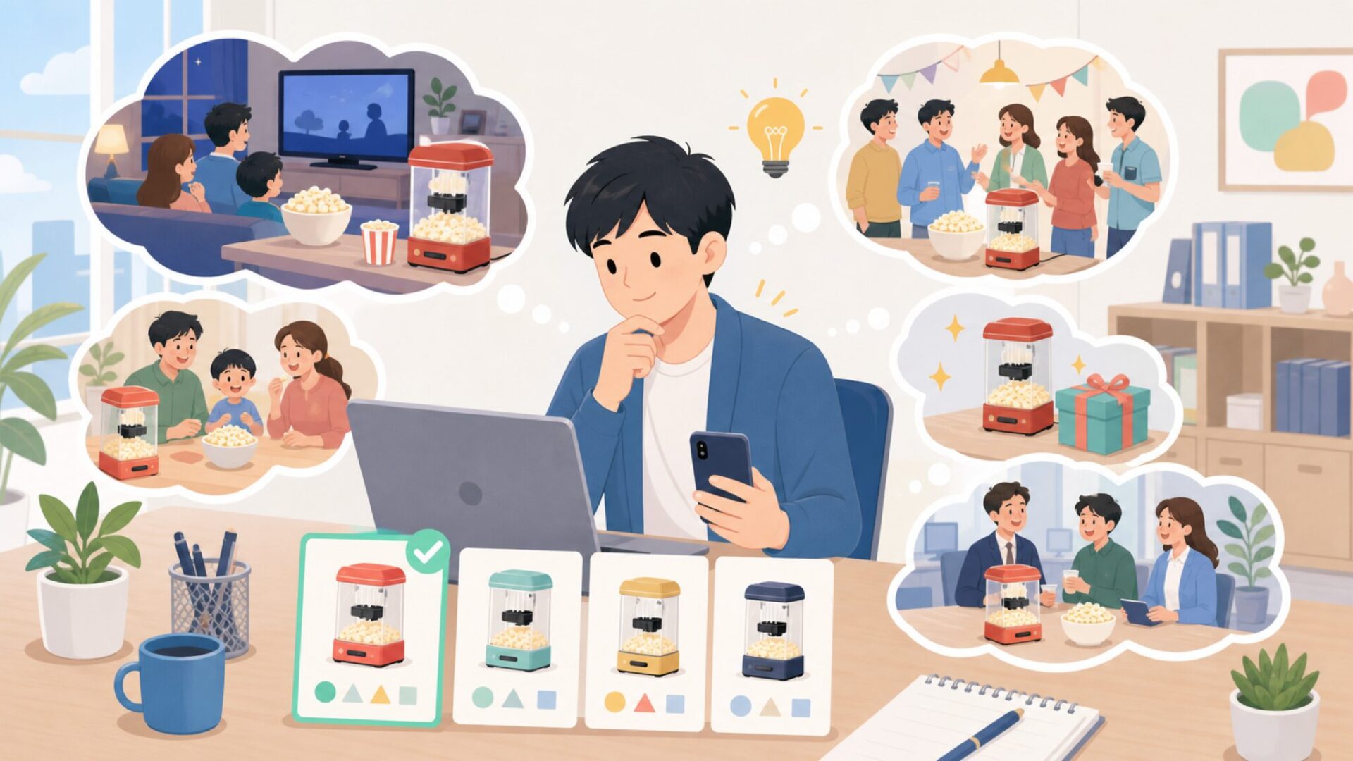 シーン別に選ぶ、Nostalgiaポップコーンメーカーの活用アイデアを表すイラスト