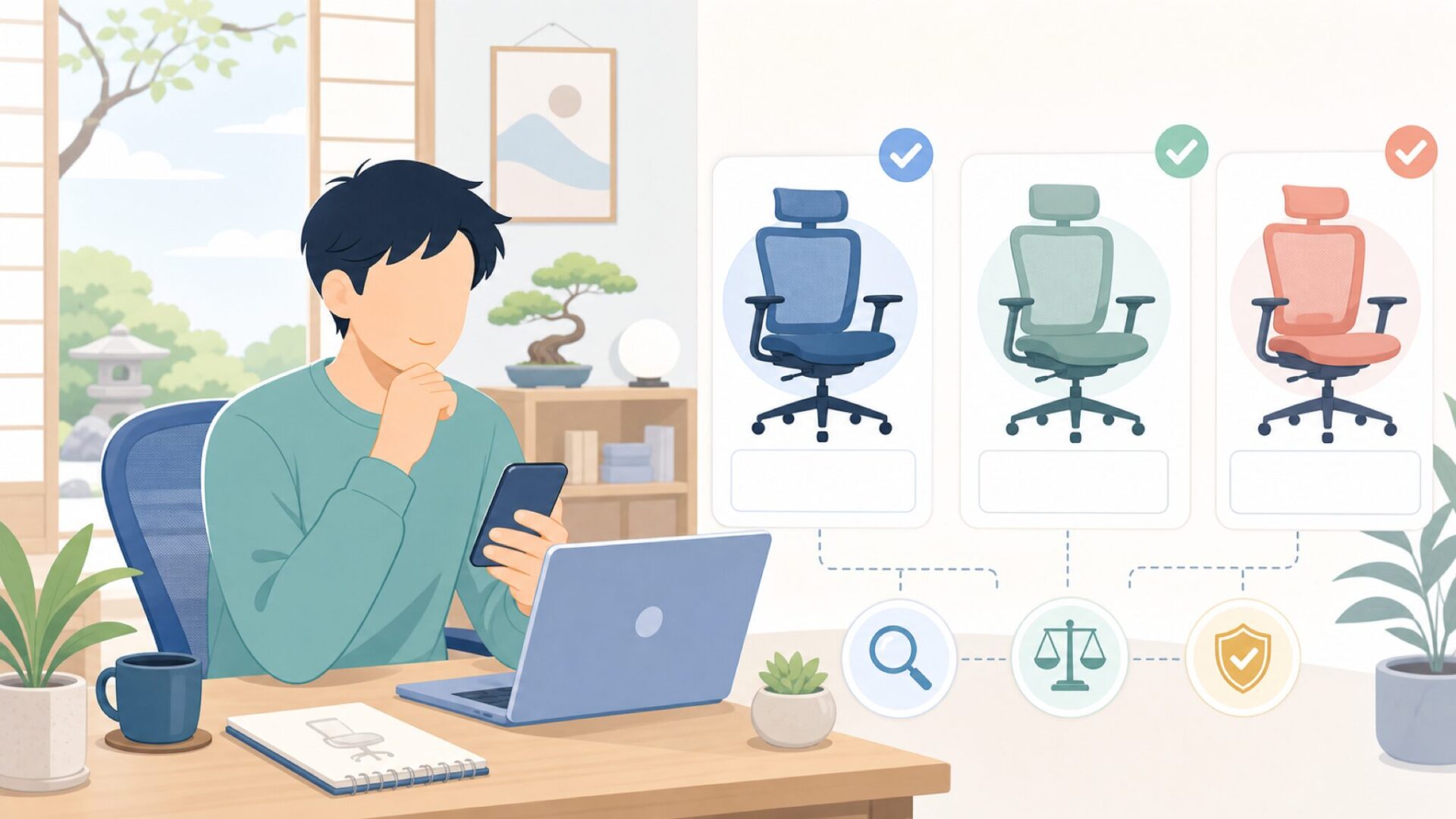 SIHOOなど近い価格帯の海外チェアとの比較で見えることを表すイラスト