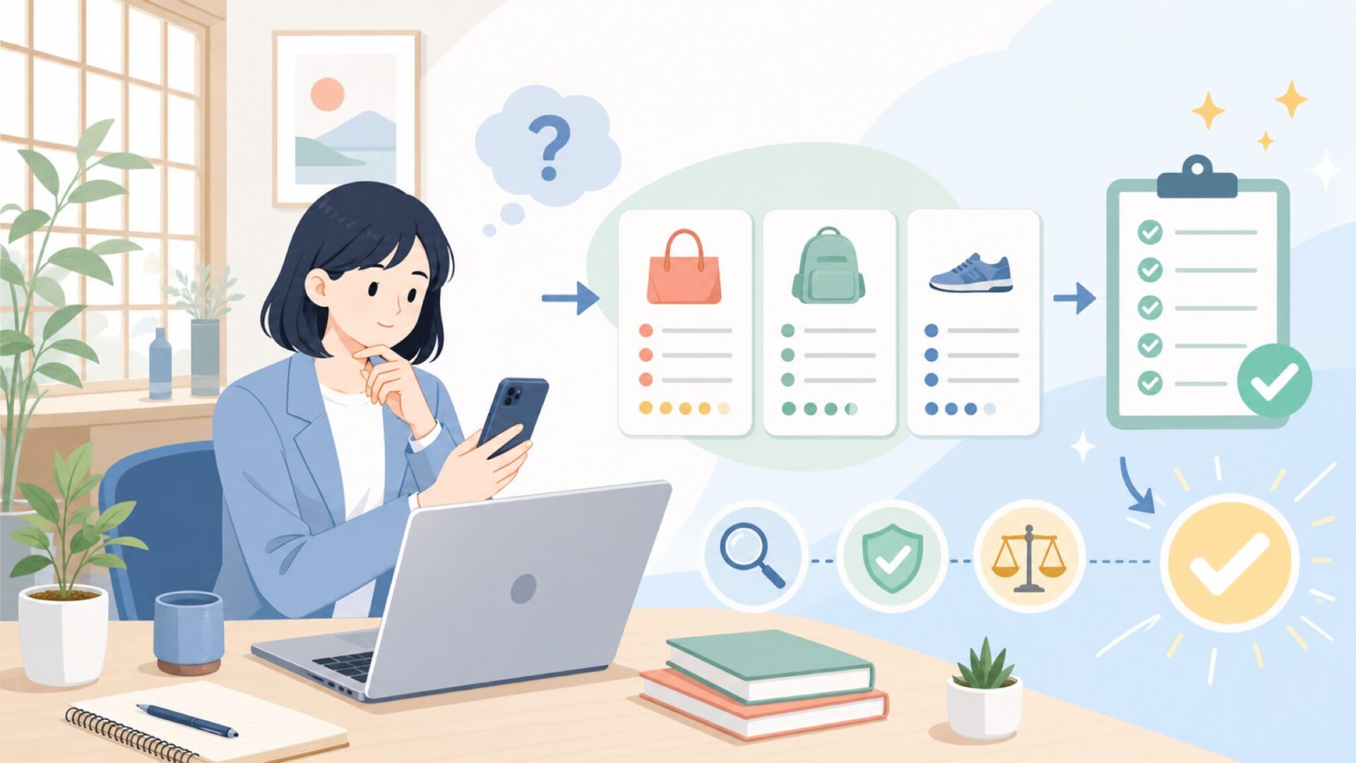 購入前にチェックしたい選び方のポイントを表すイラスト