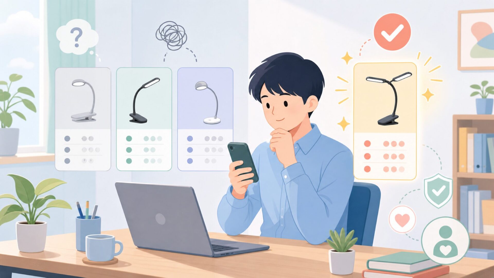 Glocusentと他の読書灯を比較して、失敗しない選び方を表すイラスト